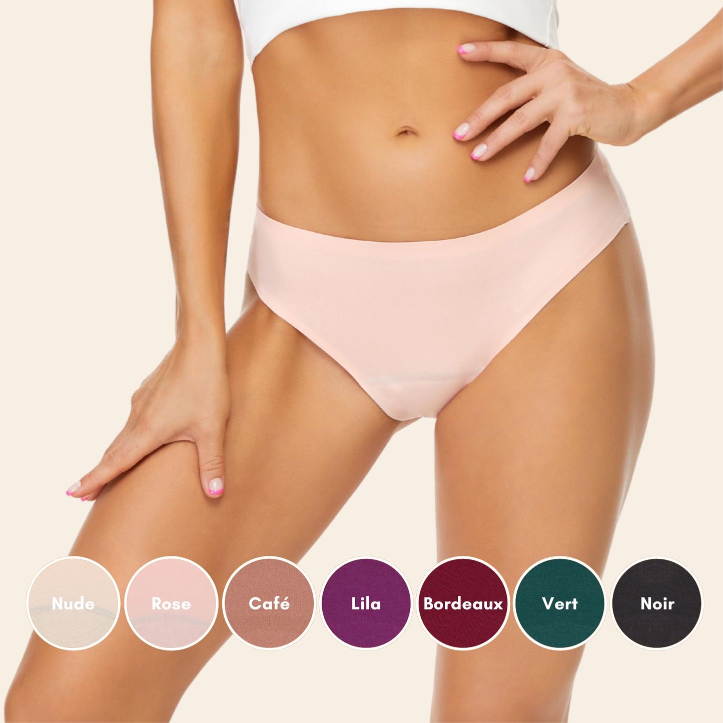 Vue avant de la Culotte menstruelle coupe bikini sans couture ultra stretch, couleur nude