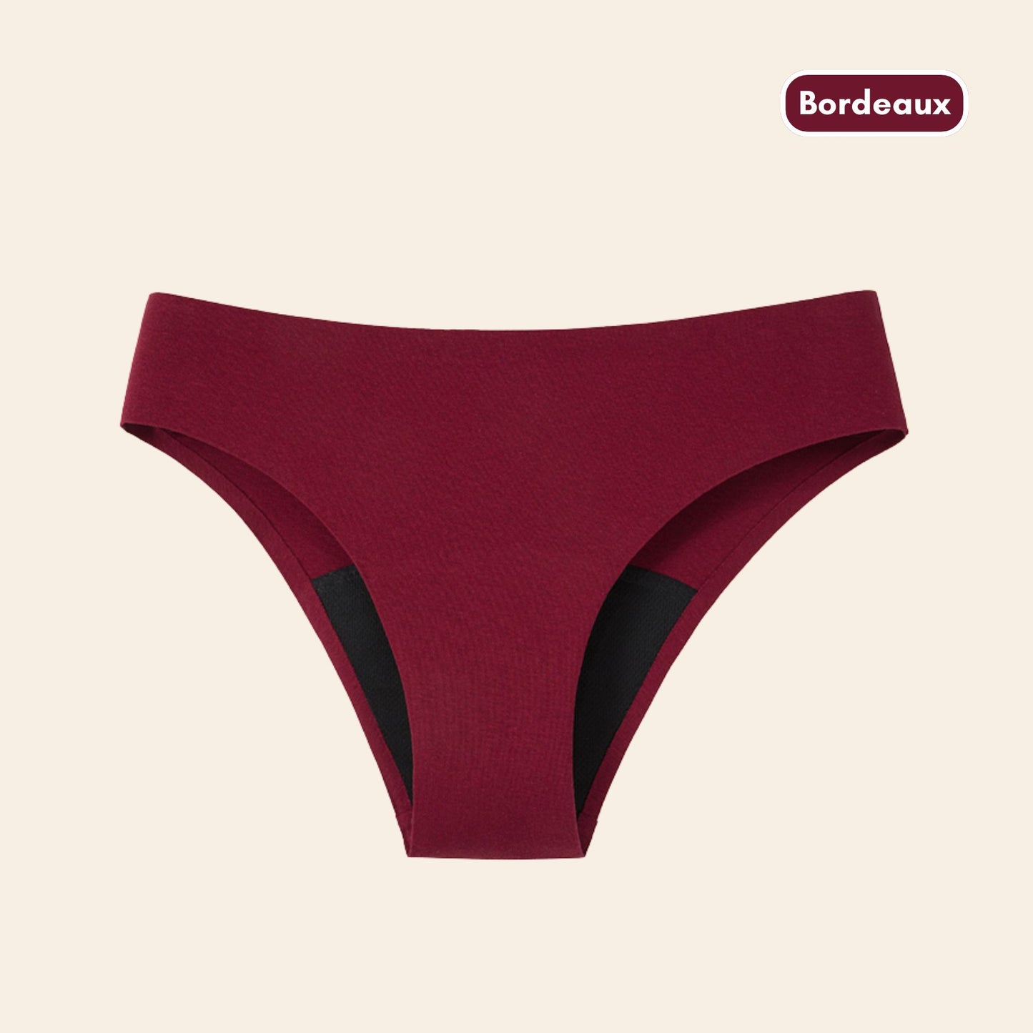 Vue produit à plat de la Culotte menstruelle coupe bikini sans couture ultra stretch, couleur bordeaux