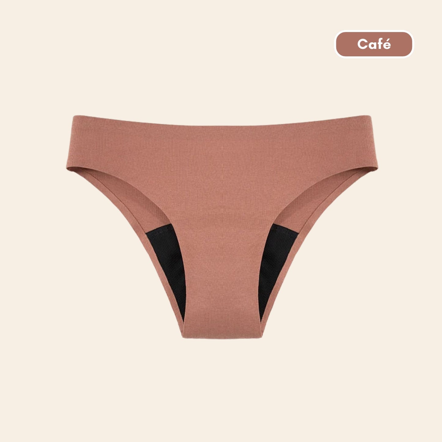 Vue produit à plat de la Culotte menstruelle coupe bikini sans couture ultra stretch, couleur café