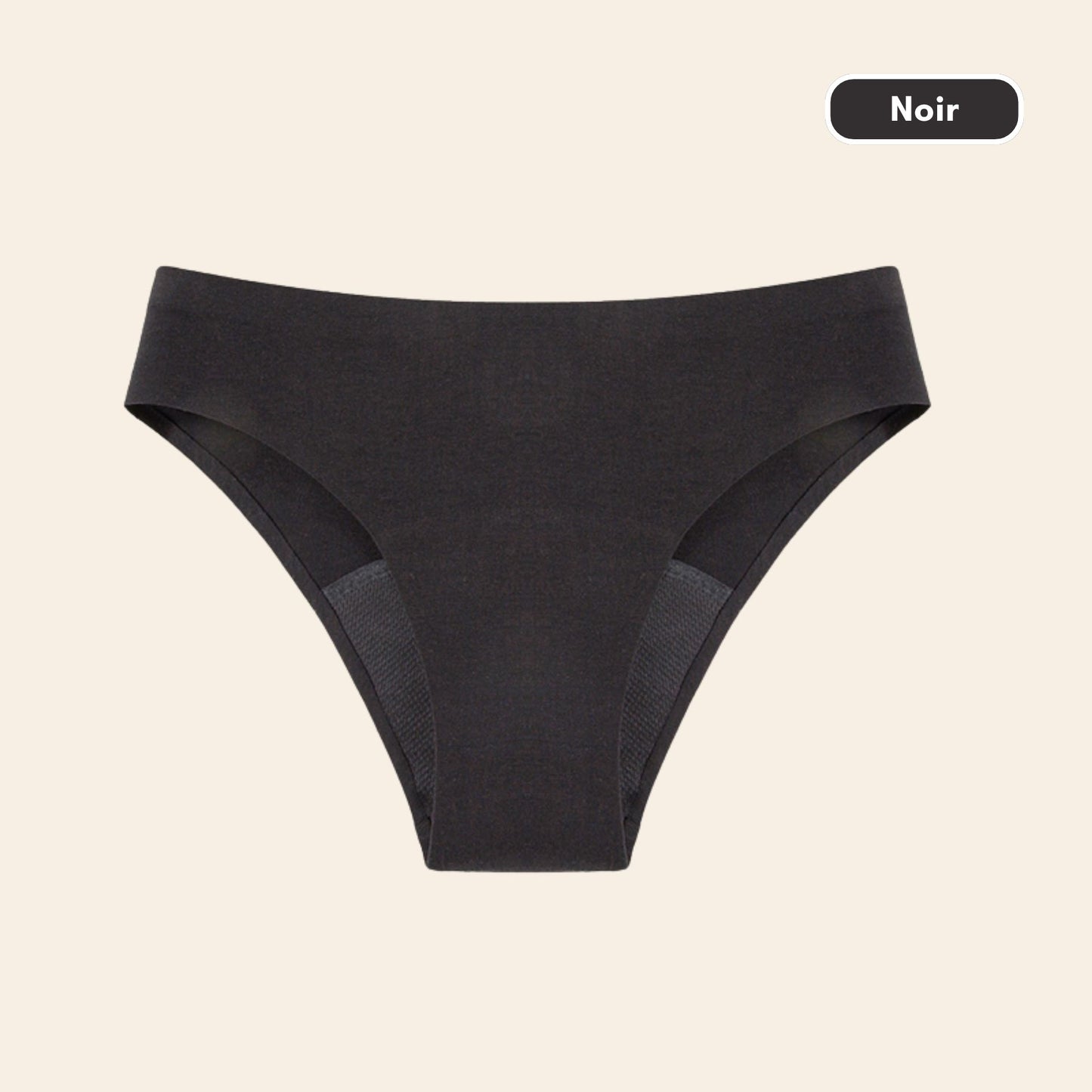 Vue produit à plat de la Culotte menstruelle coupe bikini sans couture ultra stretch, couleur noire