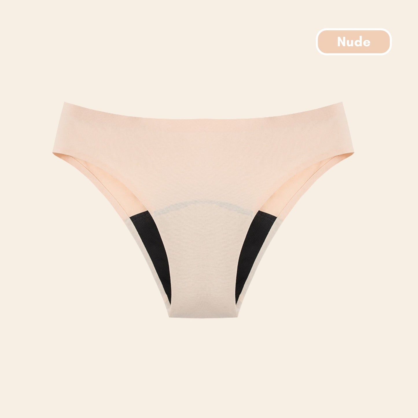 Vue produit à plat de la Culotte menstruelle coupe bikini sans couture ultra stretch, couleur nude