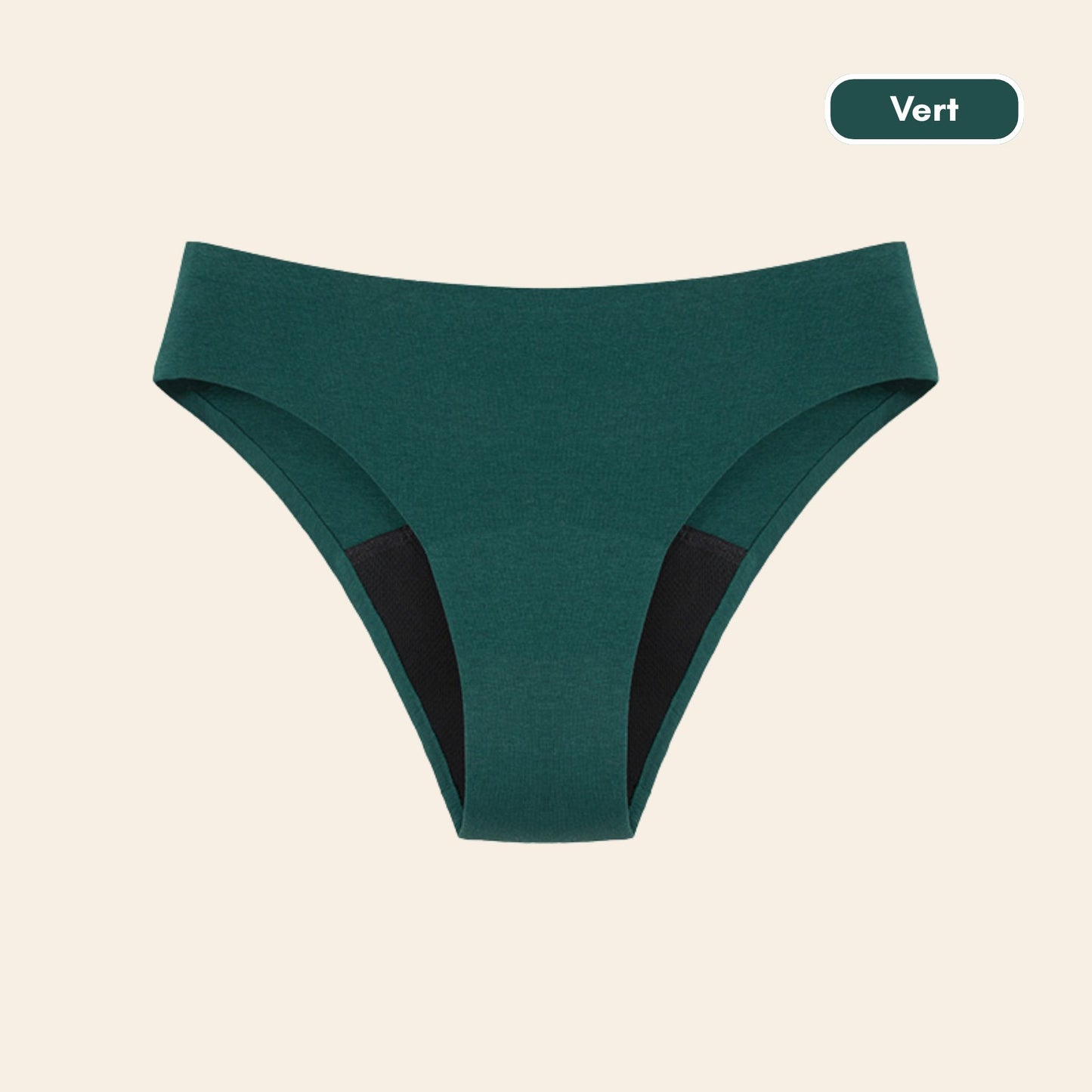 Vue produit à plat de la Culotte menstruelle coupe bikini sans couture ultra stretch, couleur verte