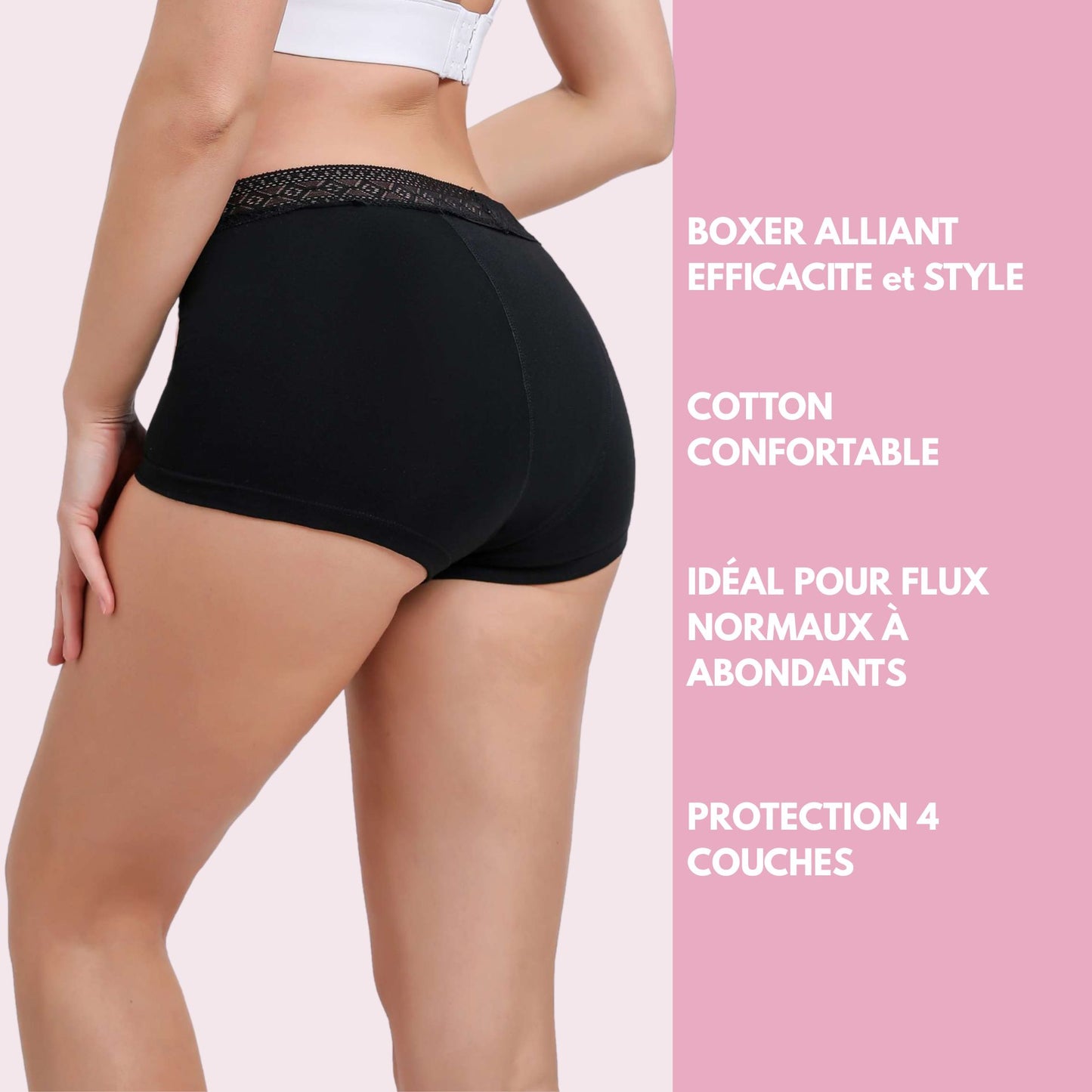 Vue côté du boxer menstruel en coton et dentelle à la ceinture, couleur noire