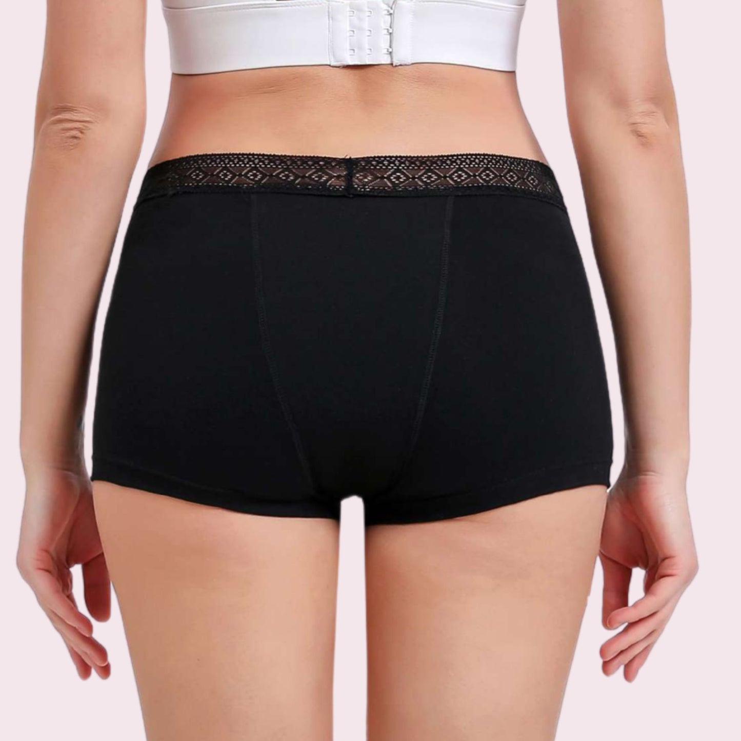 Vue arrière du boxer menstruel en coton et dentelle à la ceinture, couleur noire