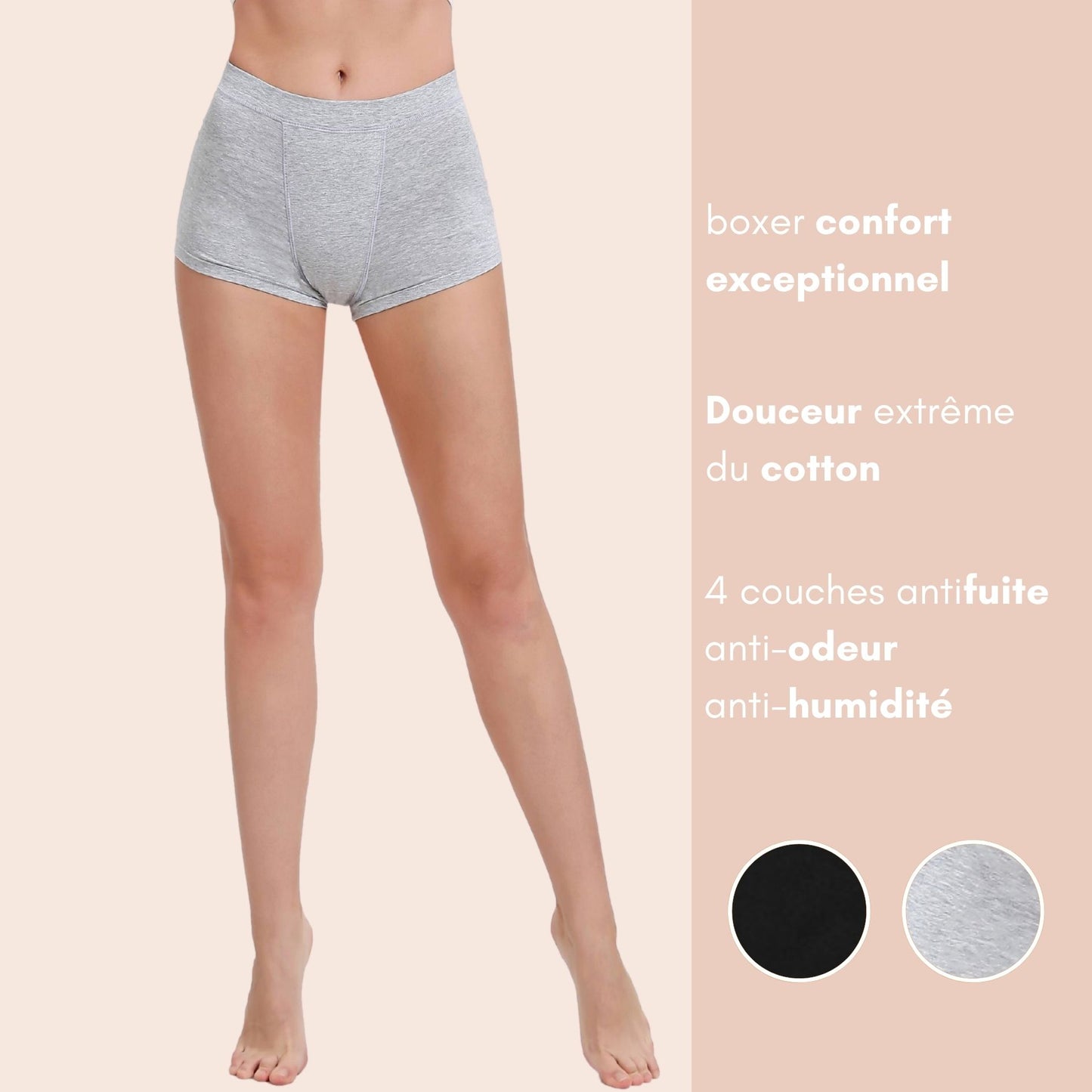 Vue avant du boxer menstruel en coton doux, couleur grise