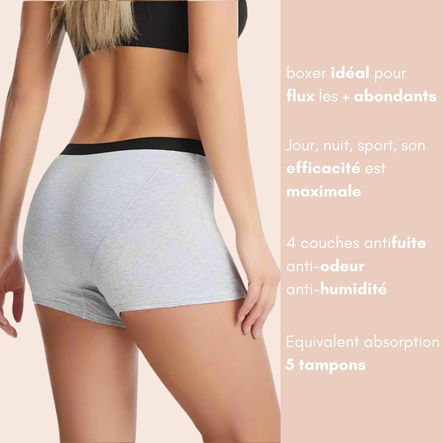 Vue arrière du boxer menstruel en coton max absorption et max couvrance, couleur grise et ceinture noire
