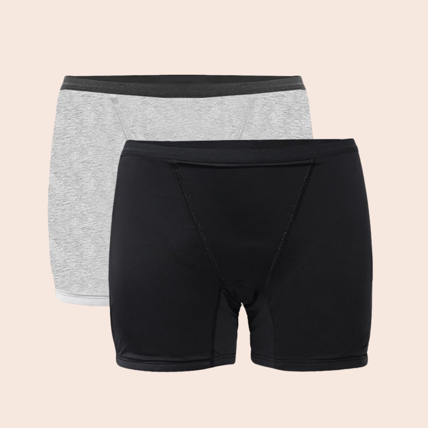 Vue produits à plat des 2 boxers menstruels en coton max absorption et max couvrance, couleur grise & ceinture noire ainsi que couleur noire