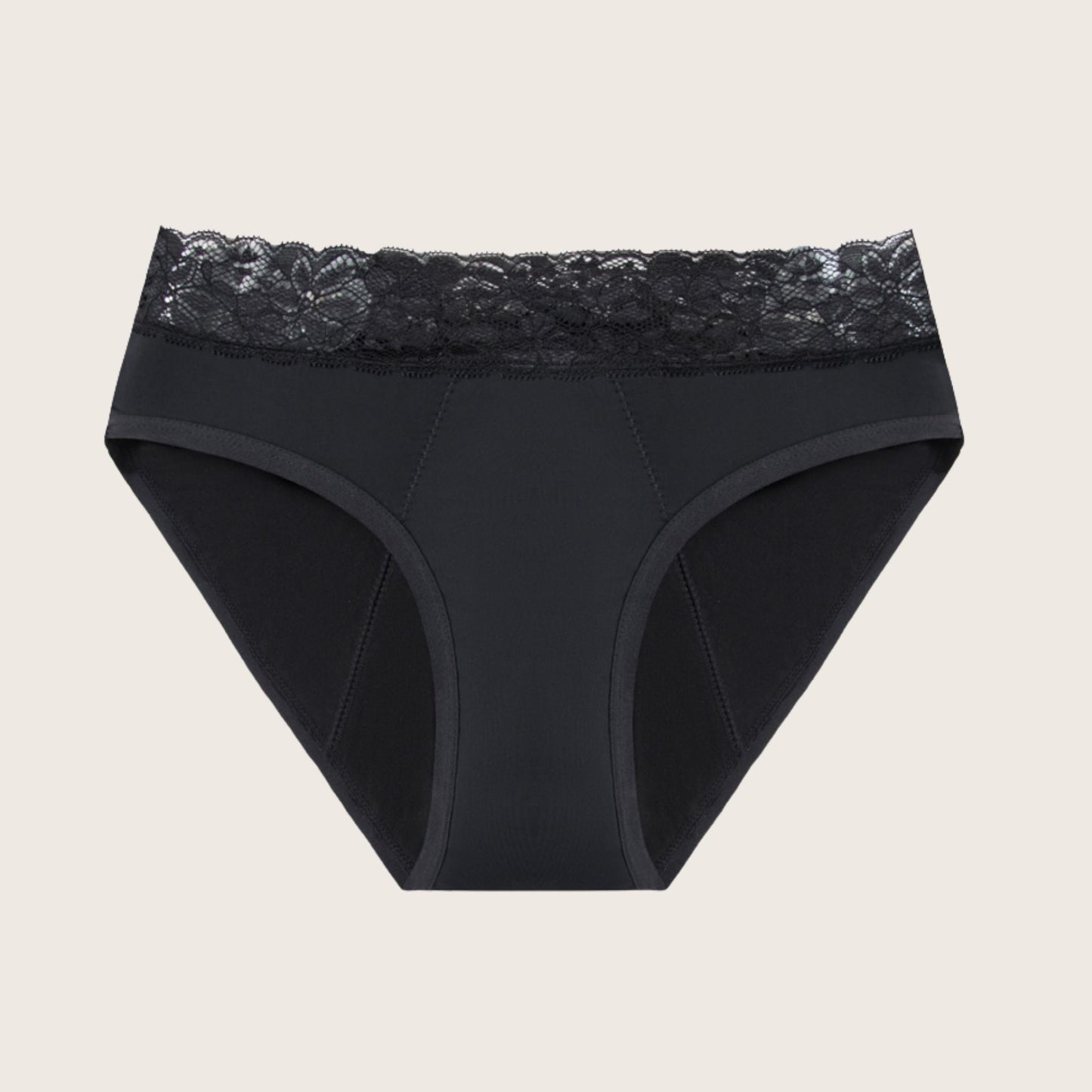 Vue produit à plat de la culotte menstruelle en coton satiné et dentelle à la ceinture, couleur noire