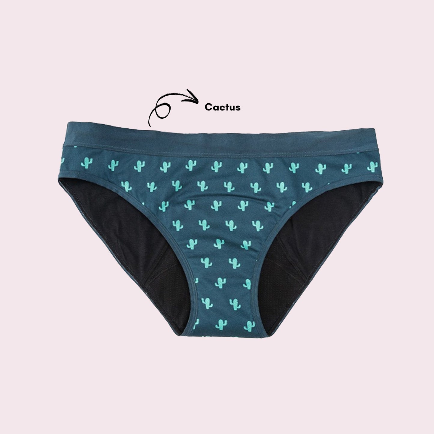 Vue produit à plat de la culotte en coton pour Ados, couleur verte foncée avec des motifs de cactus