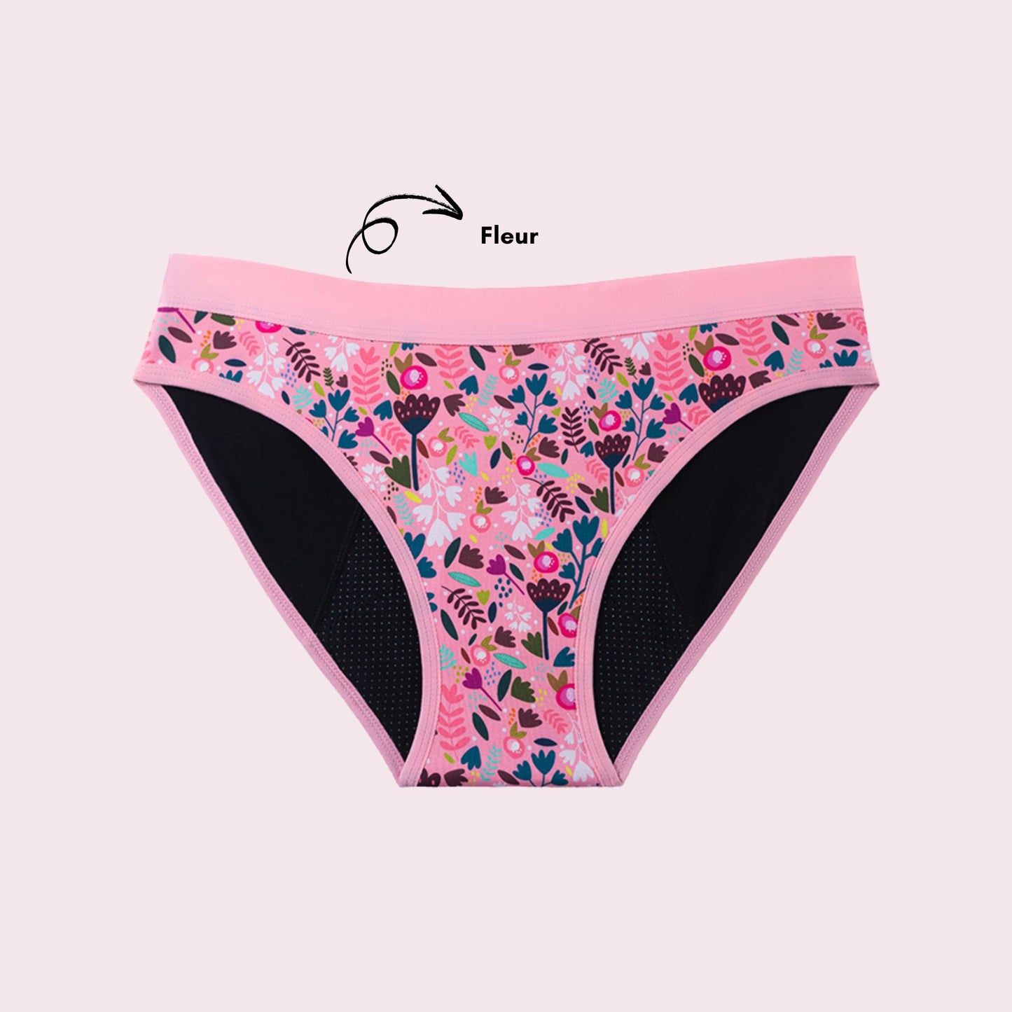 Vue produit à plat de la culotte en coton pour Ados, couleur rose avec des motifs de fleurs