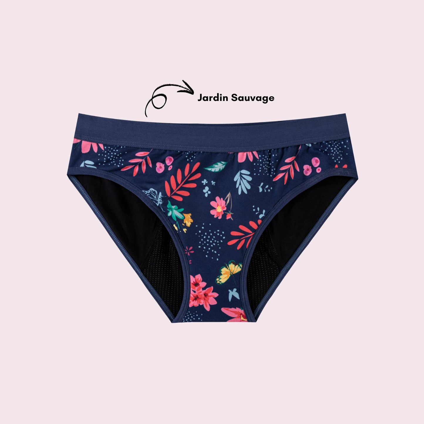 Vue produit à plat de la culotte en coton pour Ados, couleur bleu foncé avec des motifs de feuillage