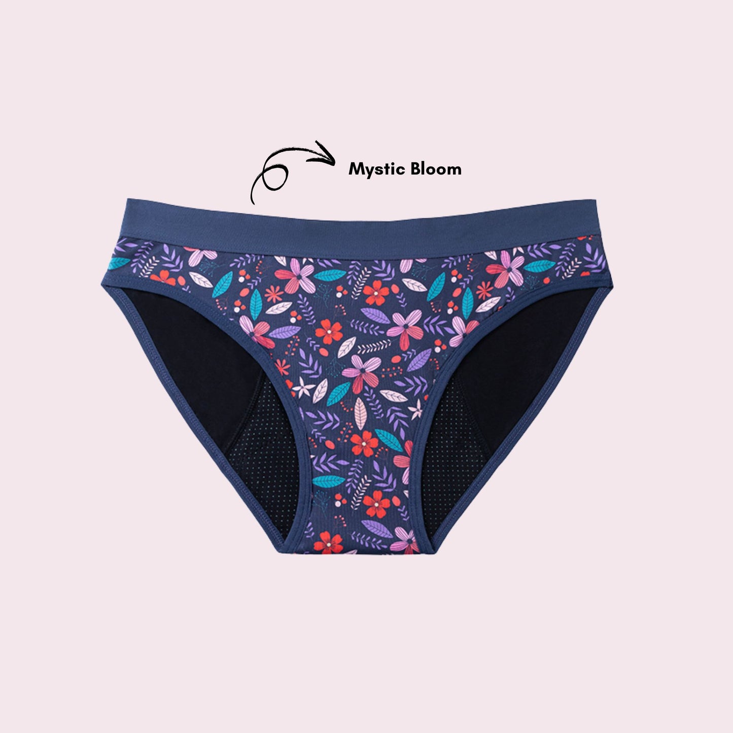 Vue produit à plat de la culotte en coton pour Ados, couleur bleu foncé avec des motifs de fleurs