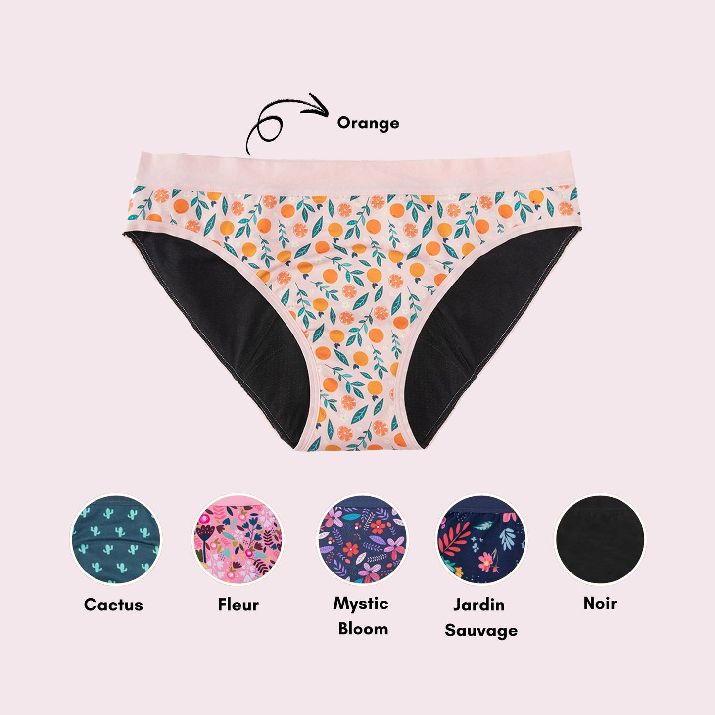 Vue produit à plat de la culotte en coton pour Ados, couleur nude pâle avec des motifs d'oranges (avec couleurs variantes montrées)