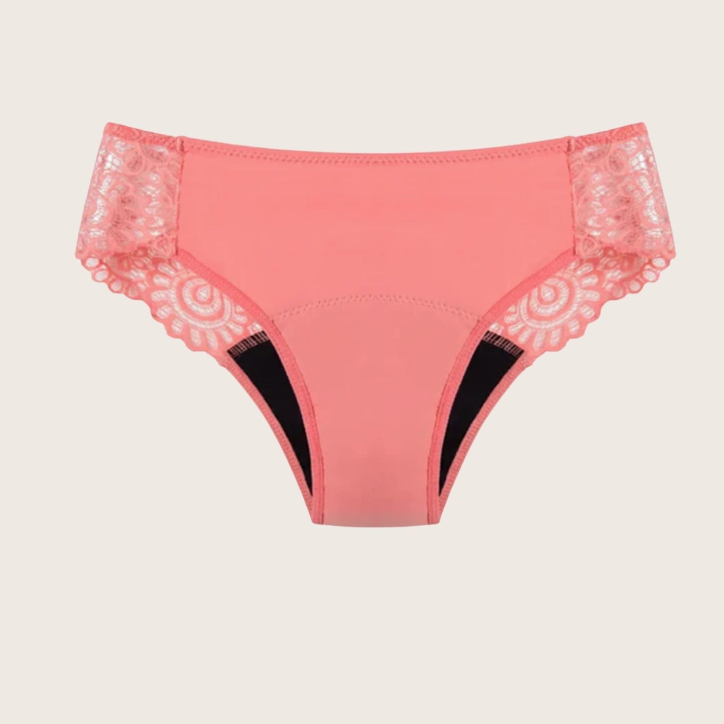 Vue produit à plat de la culotte menstruelle dentelle couleur rose