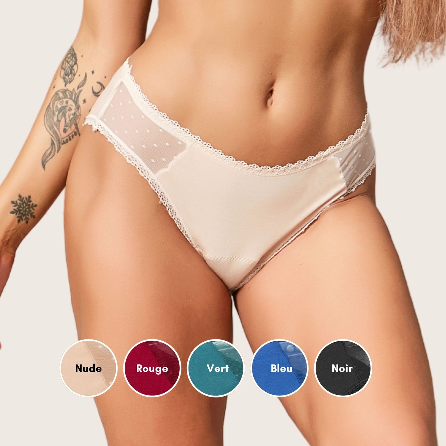 Vue avant de la culotte menstruelle en dentelle fine sur les côtés, couleur nude