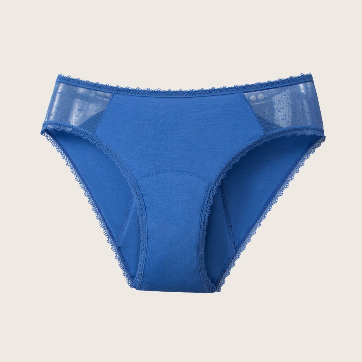 Vue produit à plat de la culotte menstruelle en dentelle fine sur les côtés, couleur bleue