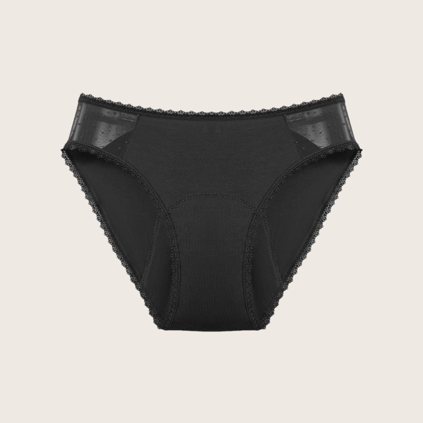 Vue produit à plat de la culotte menstruelle en dentelle fine sur les côtés, couleur noire