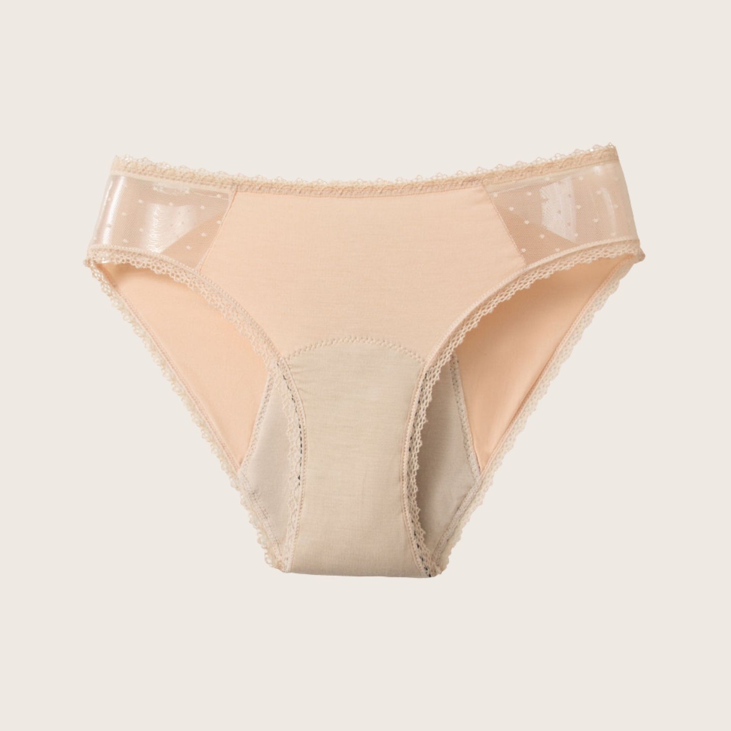 Vue produit à plat de la culotte menstruelle en dentelle fine sur les côtés, couleur nude