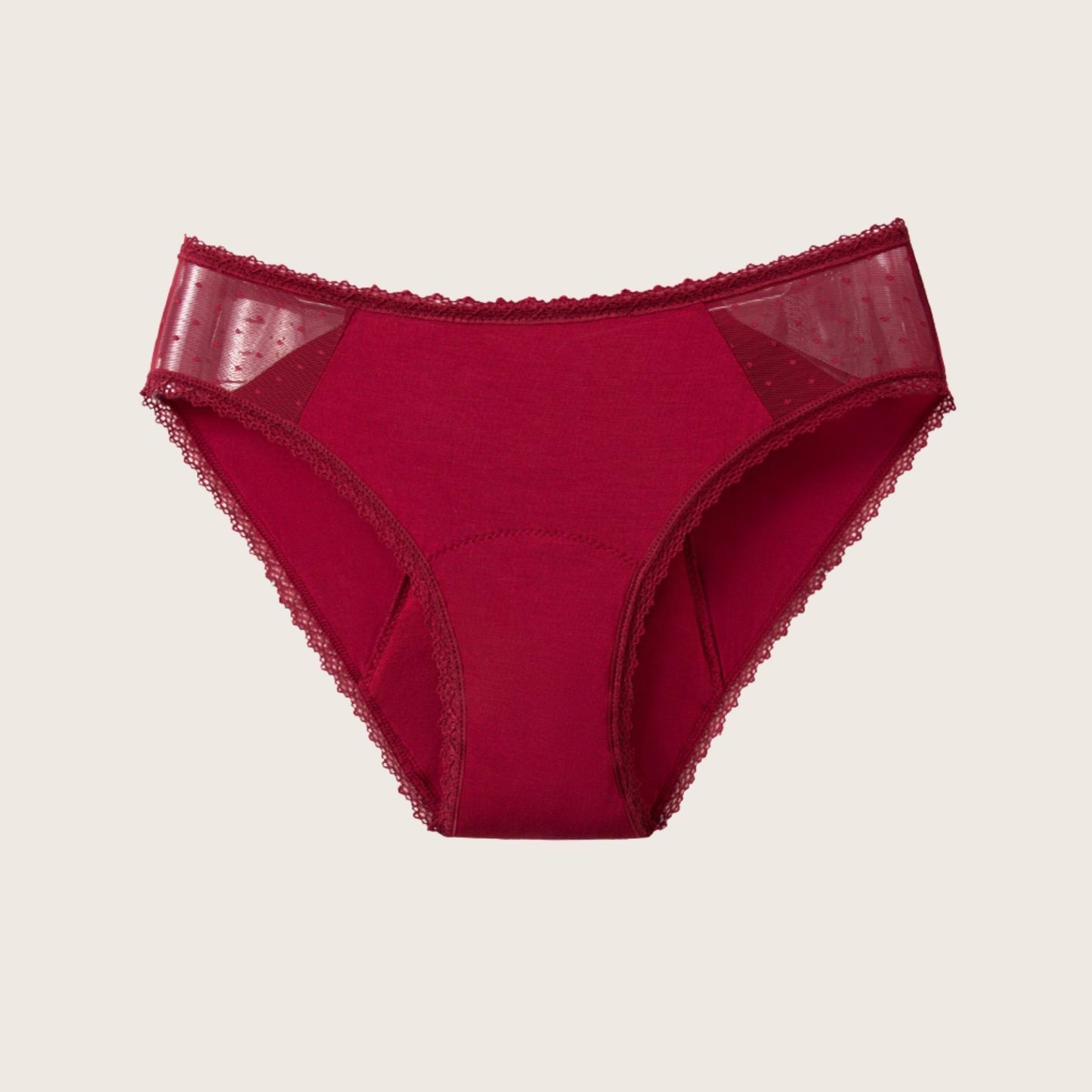 Vue produit à plat de la culotte menstruelle en dentelle fine sur les côtés, couleur rouge