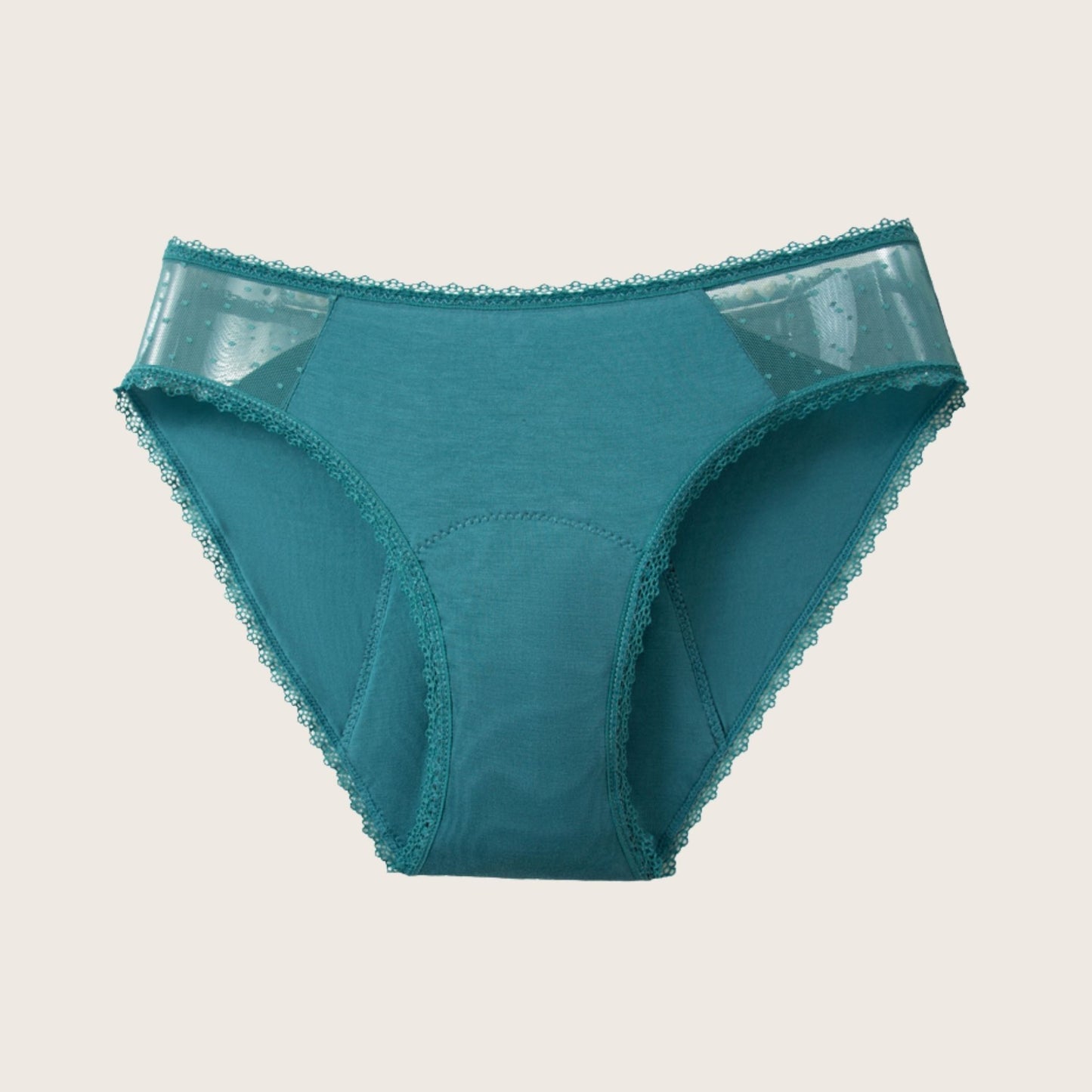 Vue produit à plat de la culotte menstruelle en dentelle fine sur les côtés, couleur verte