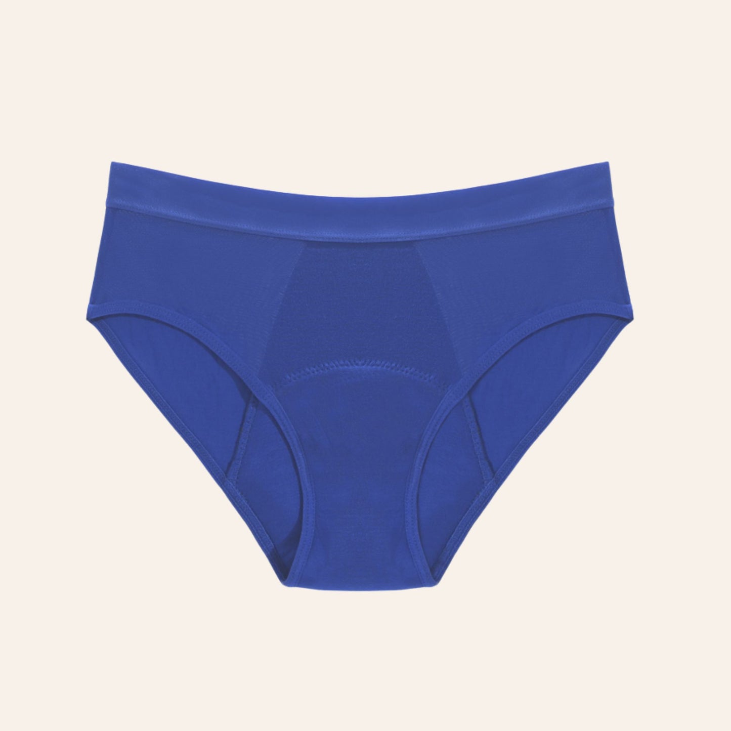 Vue produit à plat de la culotte menstruelle en fibre de bambou très absorbante, anti odeur, couleur bleue