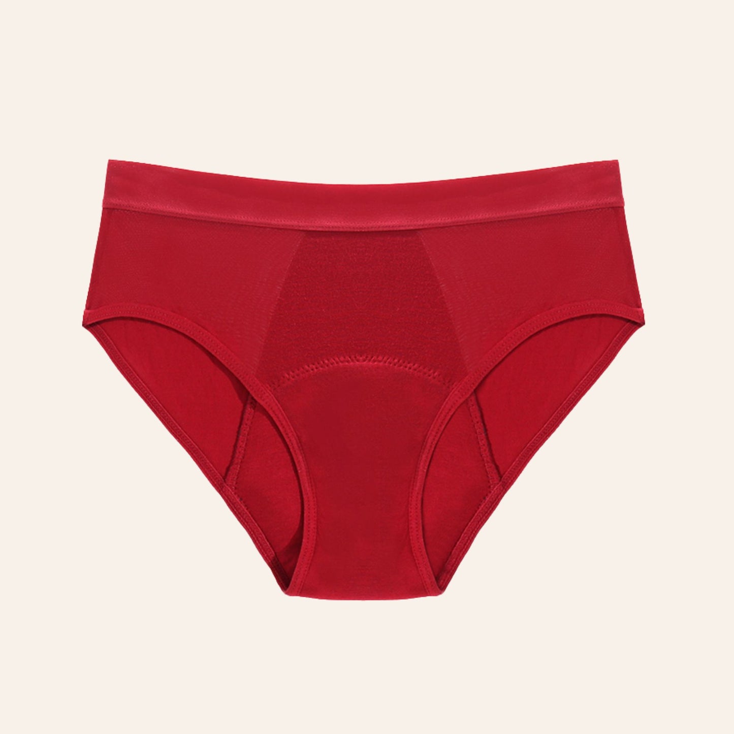 Vue produit à plat de la culotte menstruelle en fibre de bambou très absorbante, anti odeur, couleur rouge