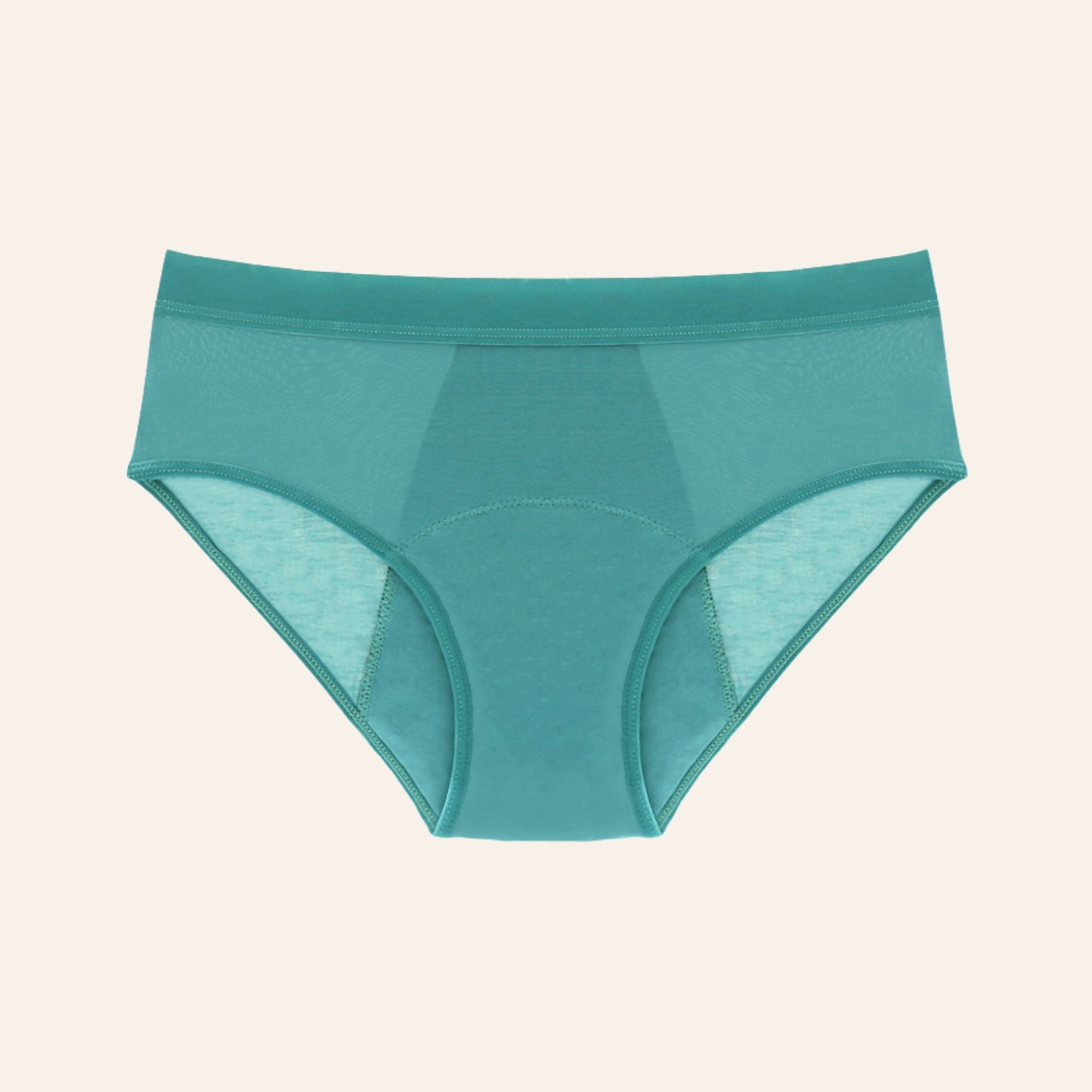 Vue produit à plat de la culotte menstruelle en fibre de bambou très absorbante, anti odeur, couleur verte