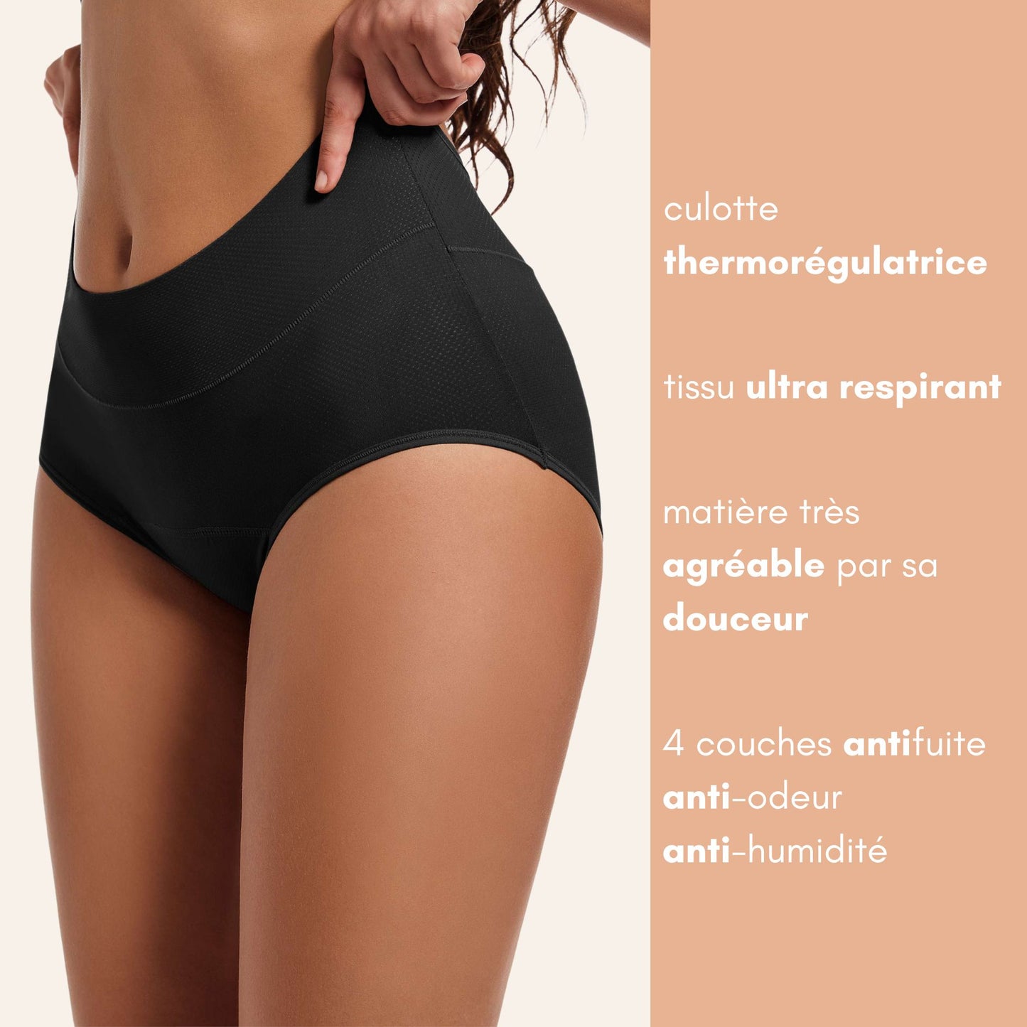 Vue avant de la Culotte Mi-haute respirante couleur noire avec avantages produits écrits