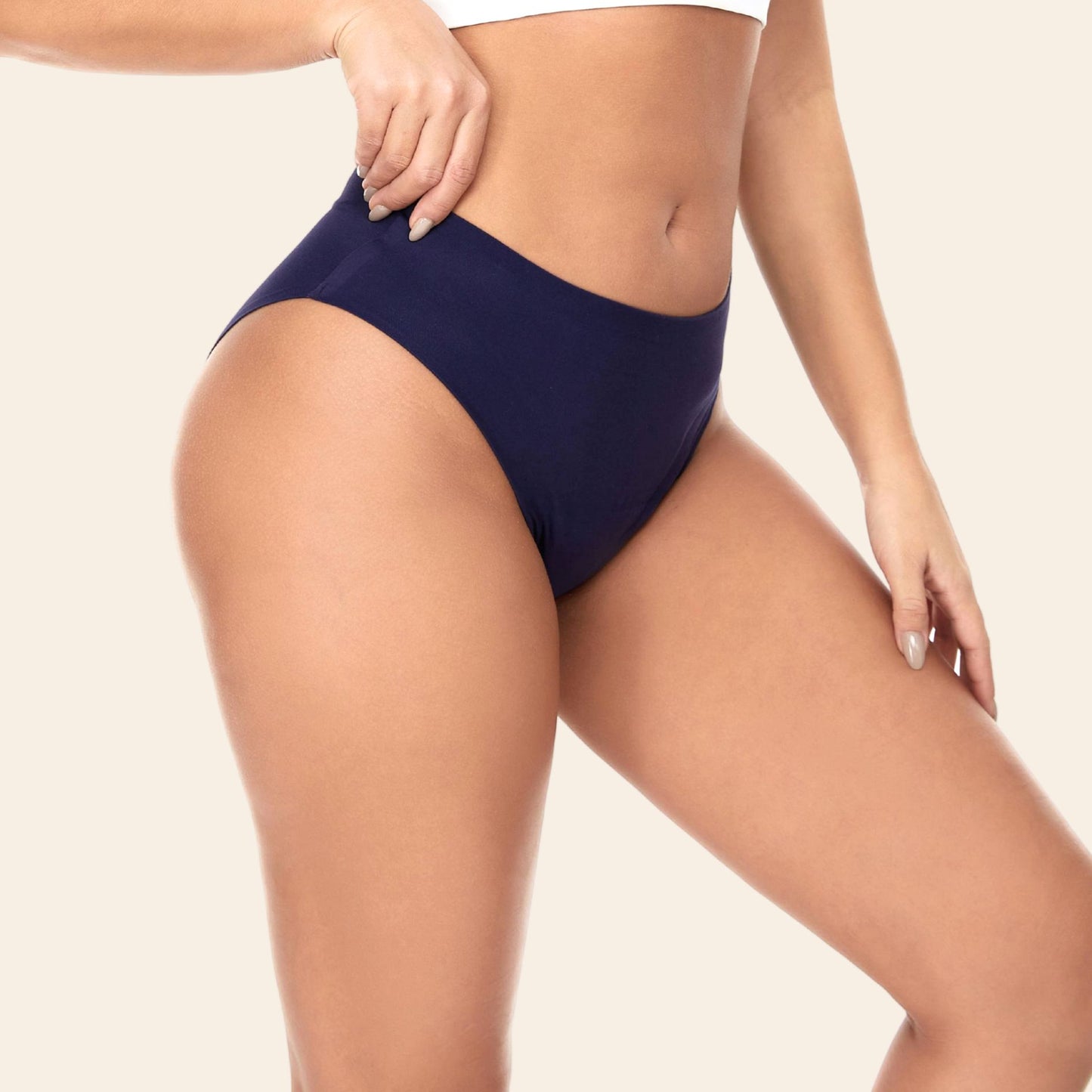 Vue côté Culotte menstruelle sans couture ultra stretch, couleur marine