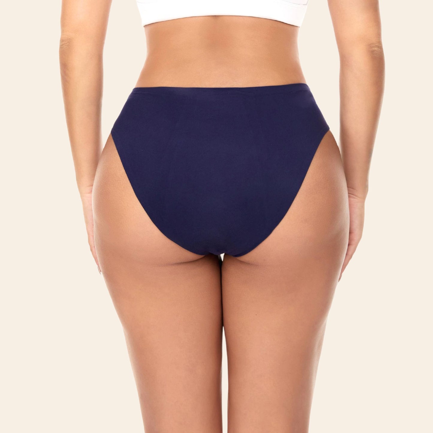 Vue arrière Culotte menstruelle sans couture ultra stretch, couleur bleu marine