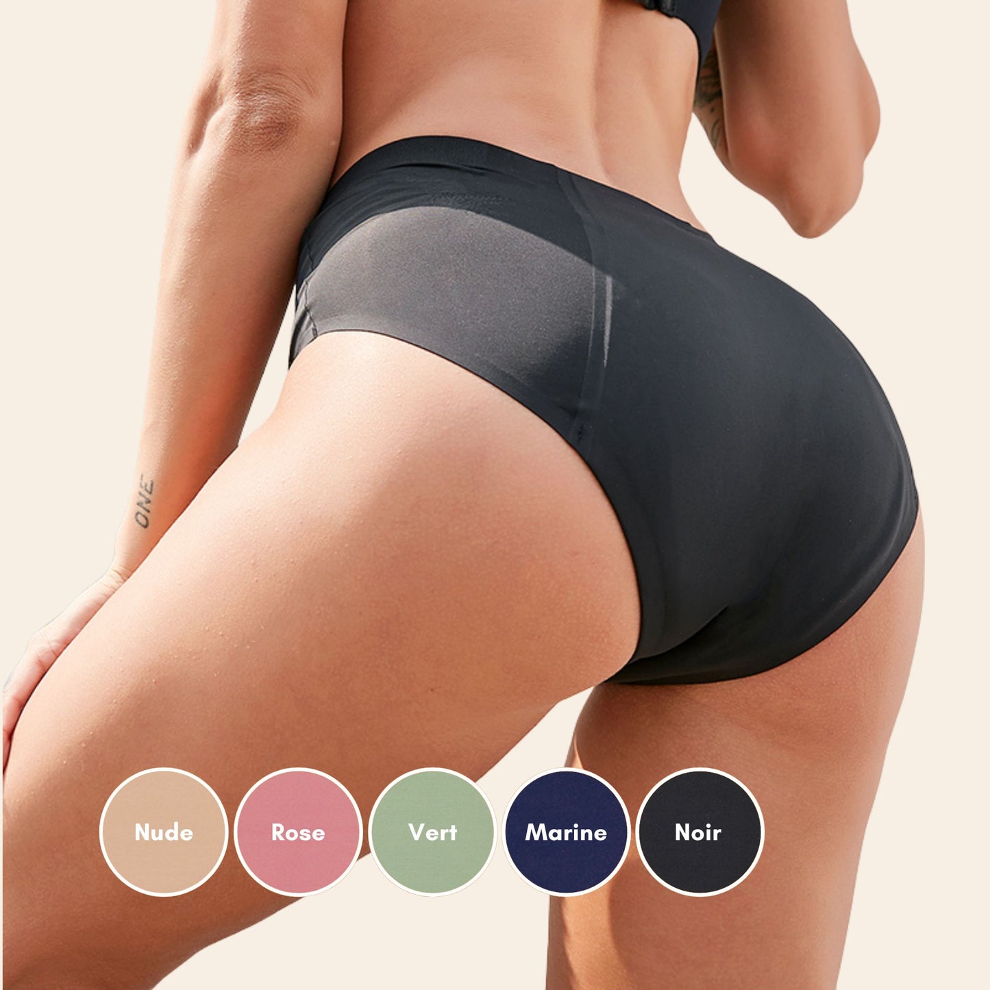 Vue arrière Culotte menstruelle sans couture ultra stretch, couleur noire