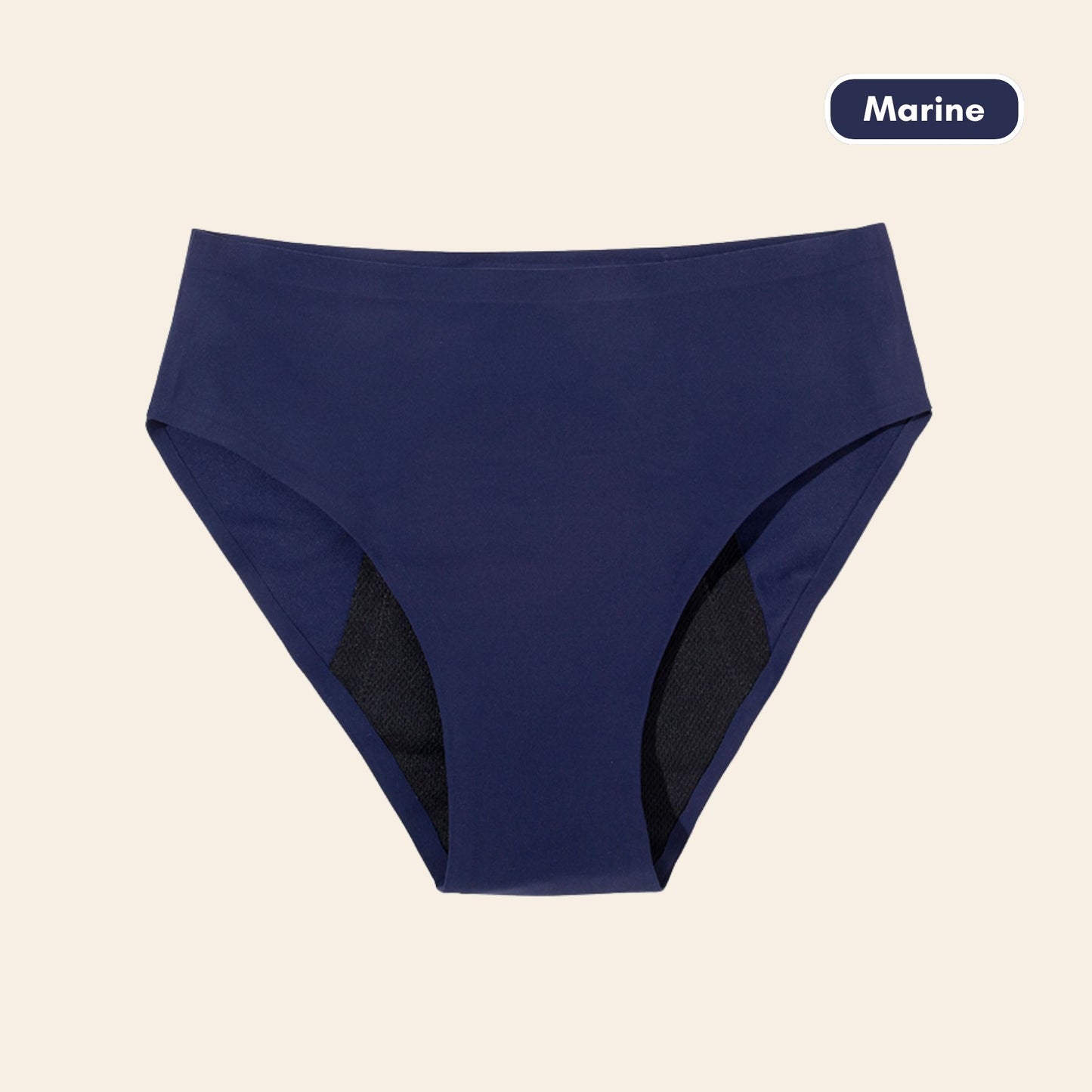 Vue produit à plat Culotte menstruelle sans couture ultra stretch, couleur bleu marine