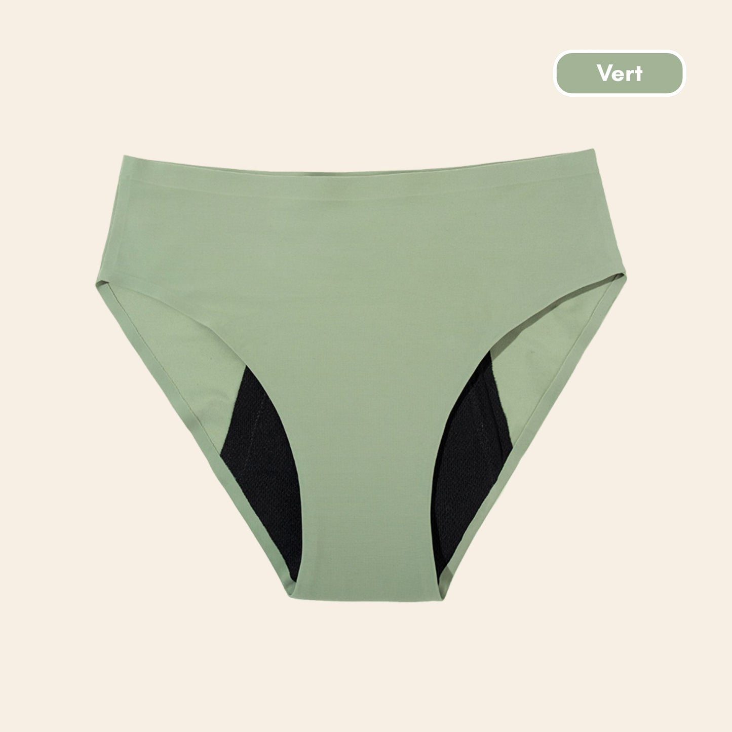 Vue produit à plat Culotte menstruelle sans couture ultra stretch, couleur verte