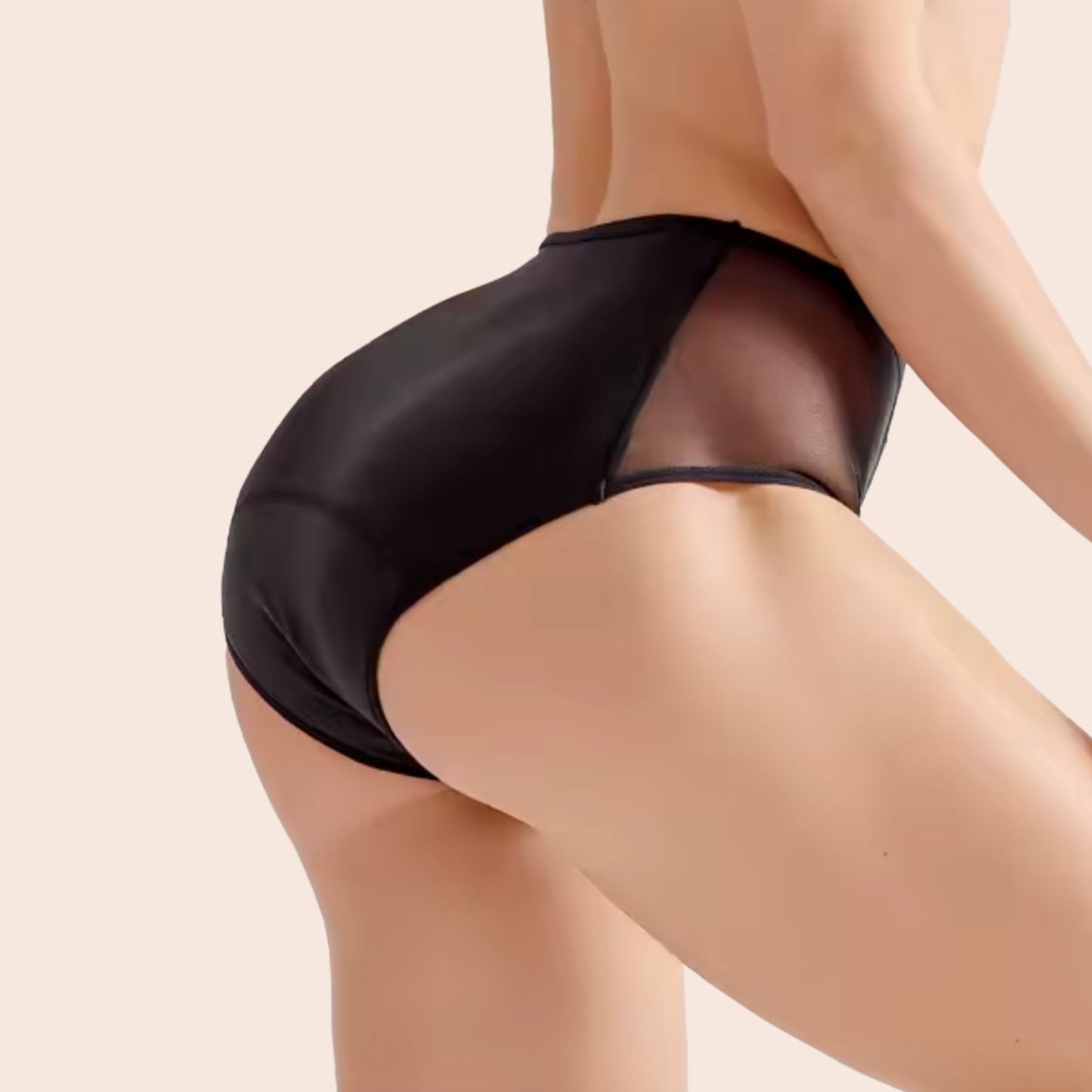 Zoom côté de la culotte de règles taille haute noire TabooPlus, détails du mesh latéral et coupe "seconde peau".