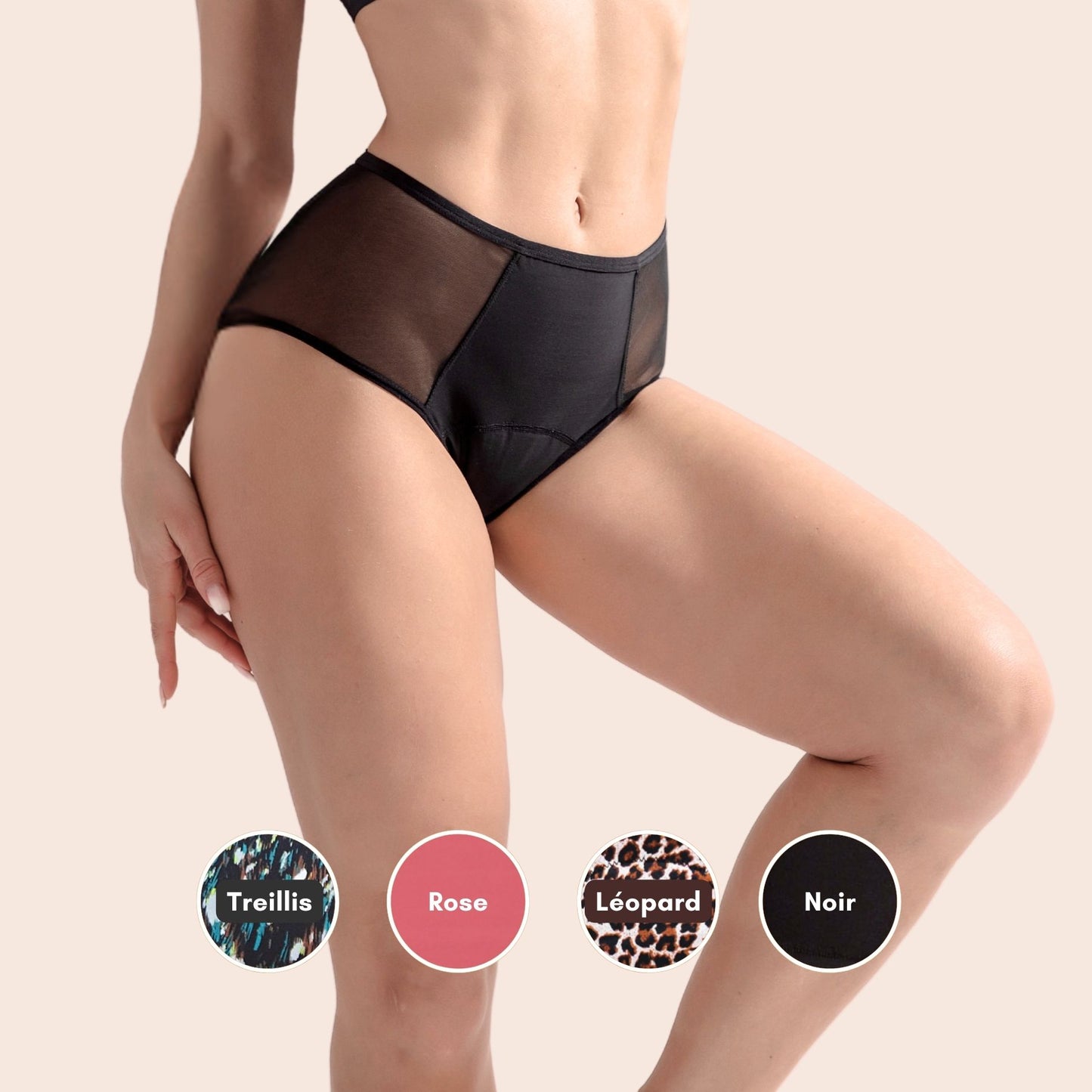 Vue avant de la culotte de règles noire taille haute TabooPlus, inserts en tulle mesh pour confort et discrétion.