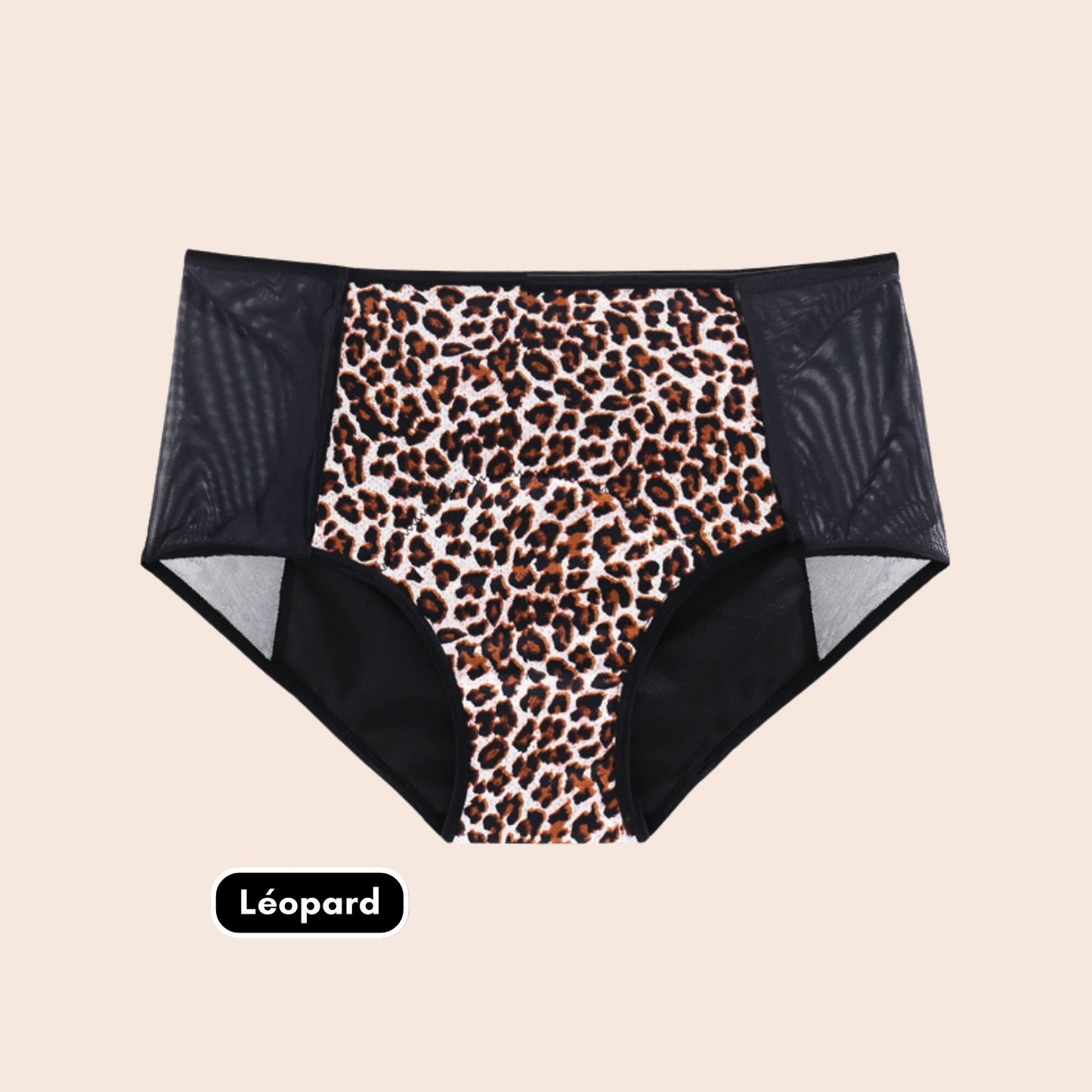Culotte menstruelle taille haute léopard TabooPlus à plat, avec côtés en mesh pour style et aération.