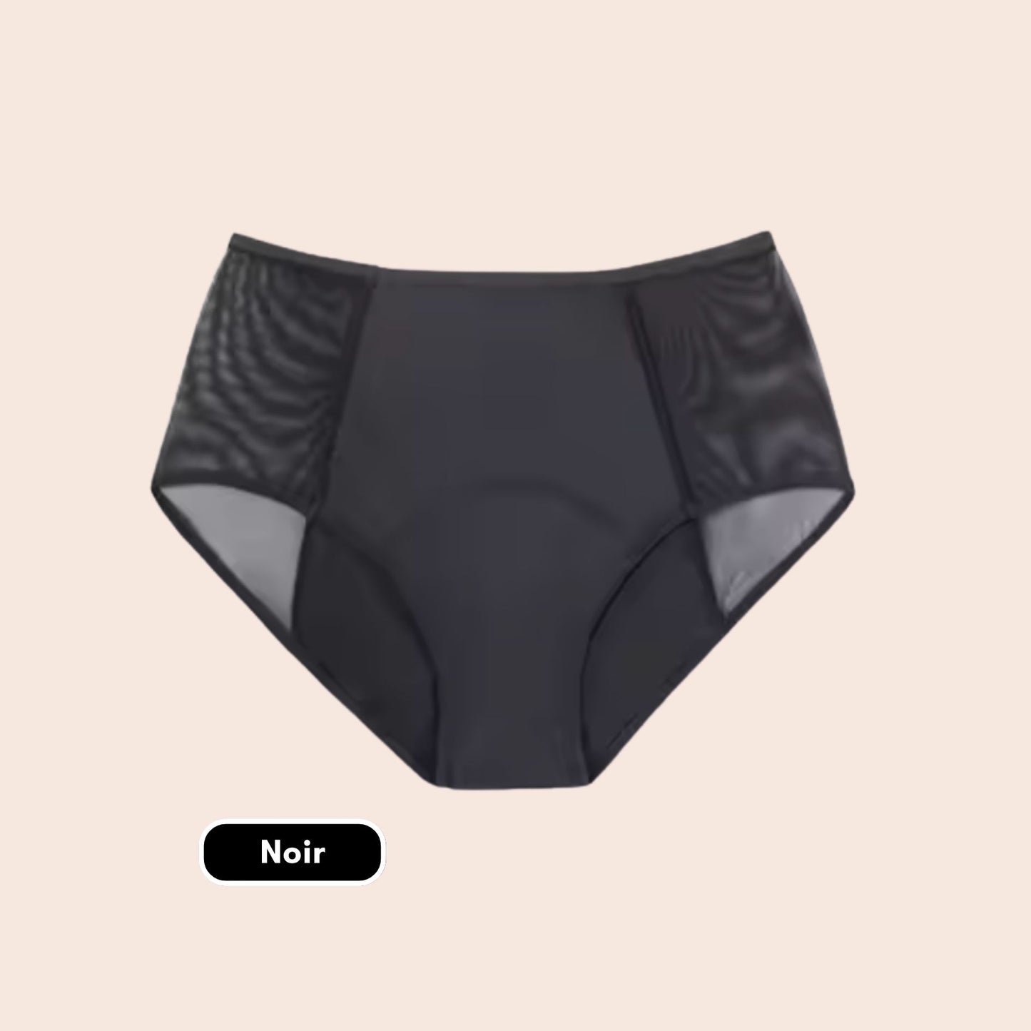 Culotte menstruelle taille haute noire TabooPlus à plat, design élégant avec empiècements en tulle mesh.