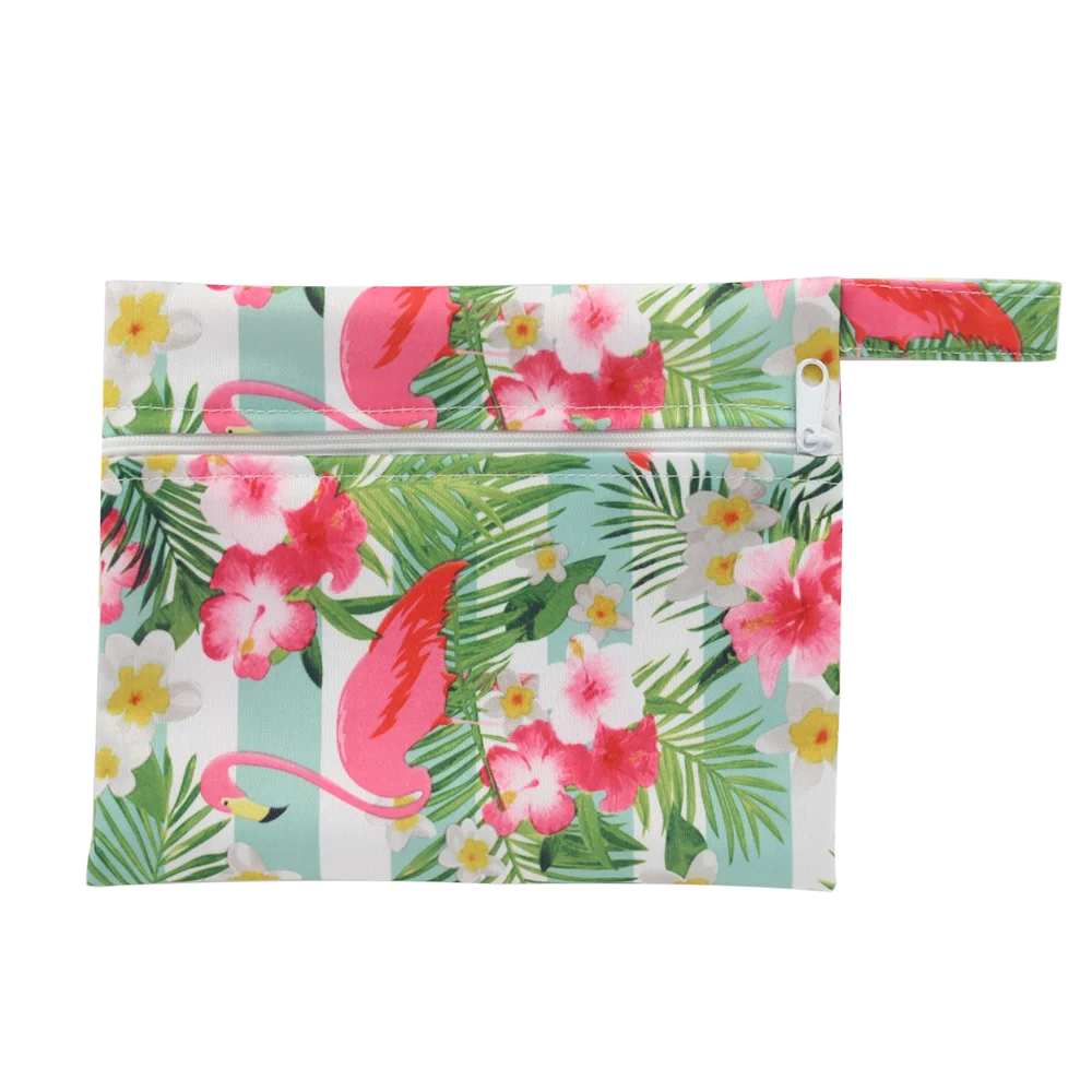 Pochette de transport imperméable - fond vert et blanc avec flamants roses