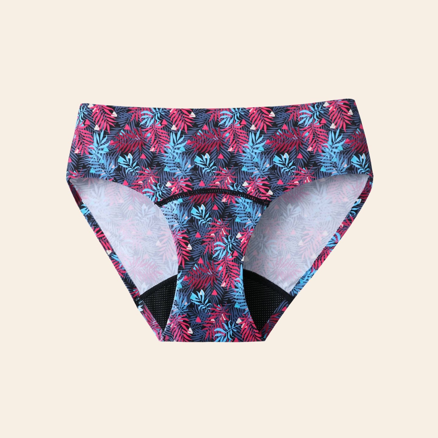 Maillot de bain menstruel TabooPlus Tropicale à plat, absorbe 2 à 3 tampons, ne gonfle pas dans l'eau, sèche rapidement.