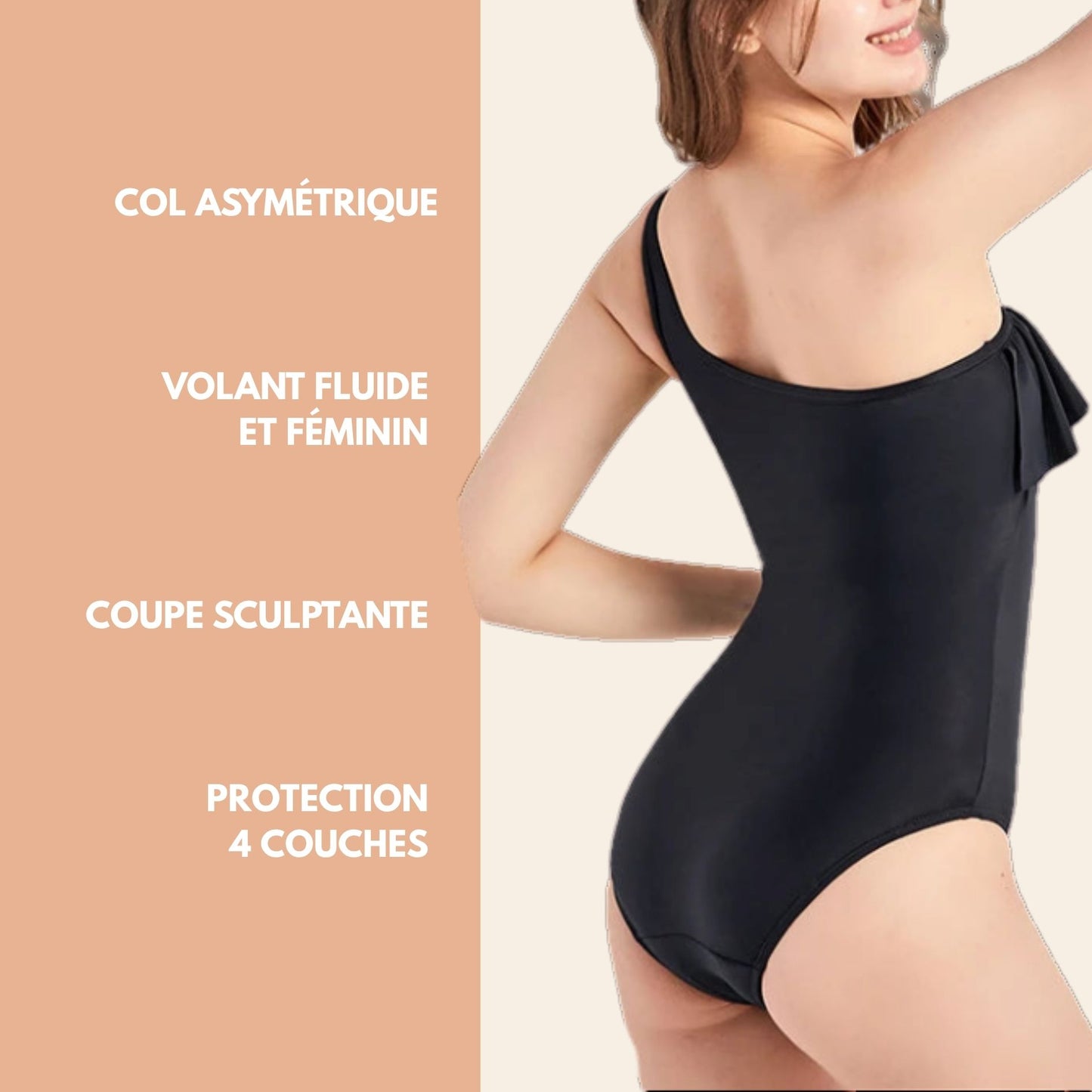 Vue arrière du Maillot de bain menstruel une pièce asymétrique sur les épaules, 1 épaules dénudées, couleur noire