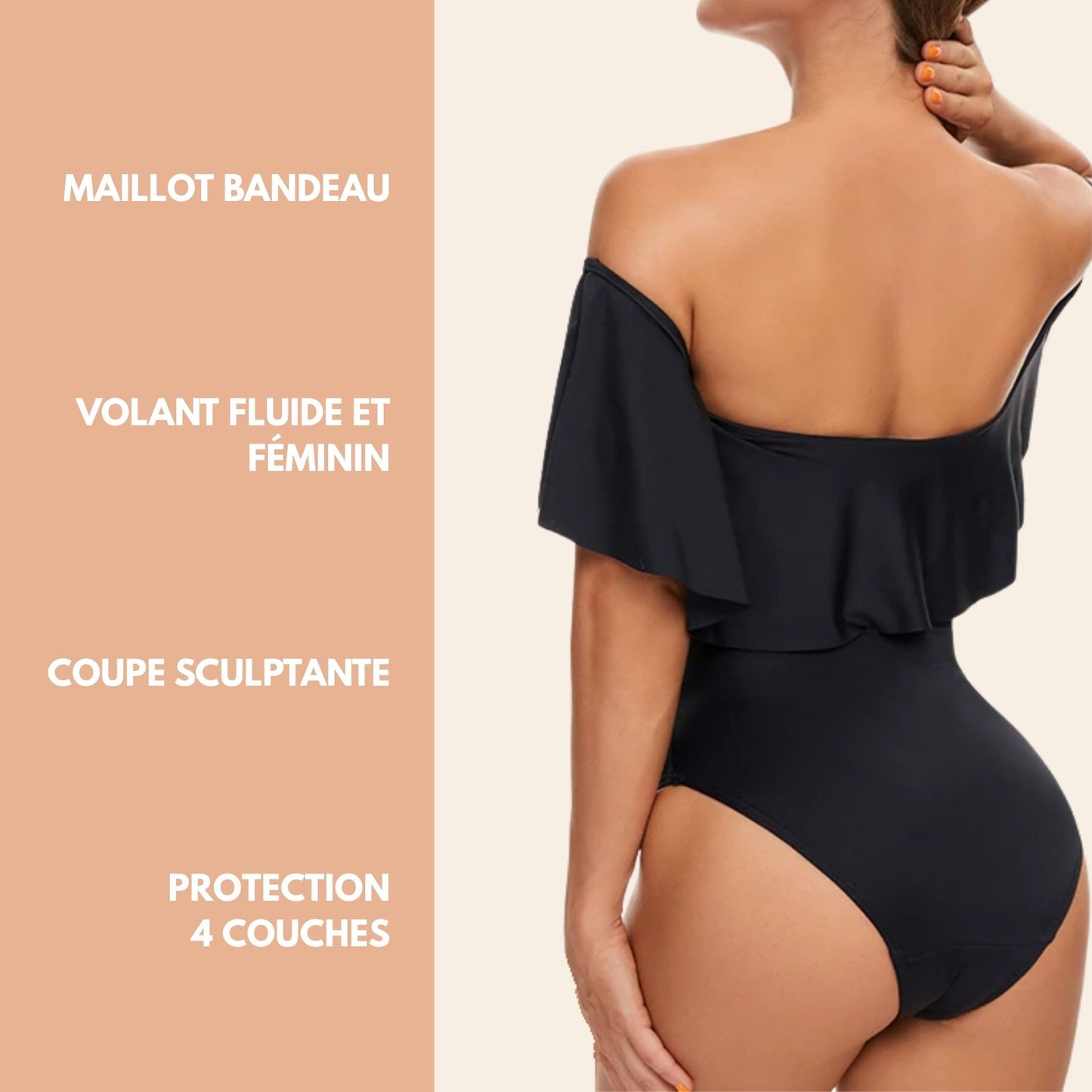 Vue arrière du Maillot de bain menstruel une pièce Bardot, coupe bandeau, épaules dénudées, couleur noire