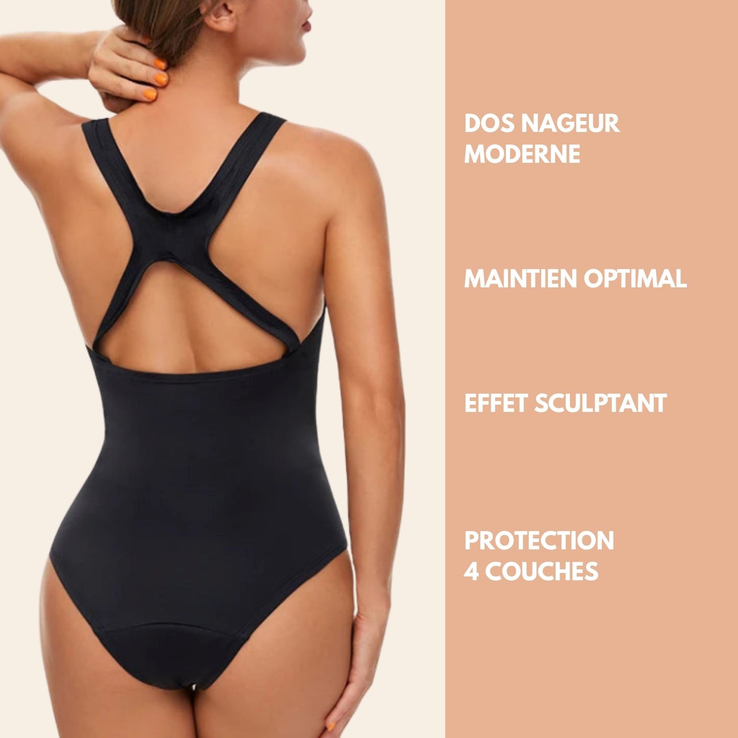 Vue arrièe du Maillot de bain menstruel une pièce sport dos nageur avec bretelles croisées dans le dos, couleur noire