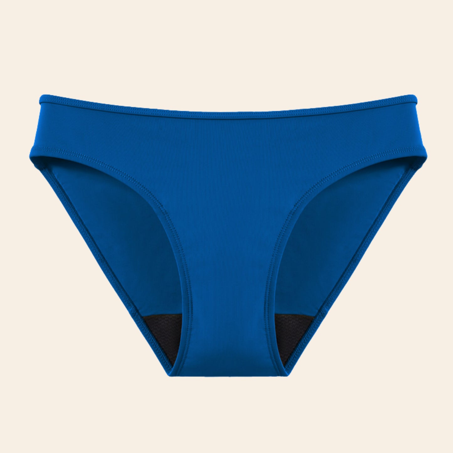 Vue produit à plat du bas de Maillot de bain menstruel le classique, couleur bleue