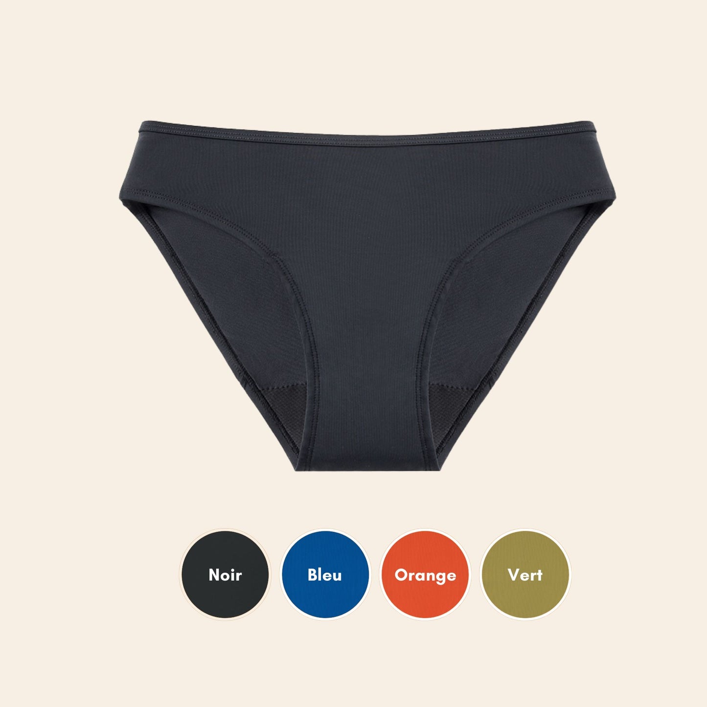 Vue produit à plat du Maillot de bain menstruel le classique, couleur noire