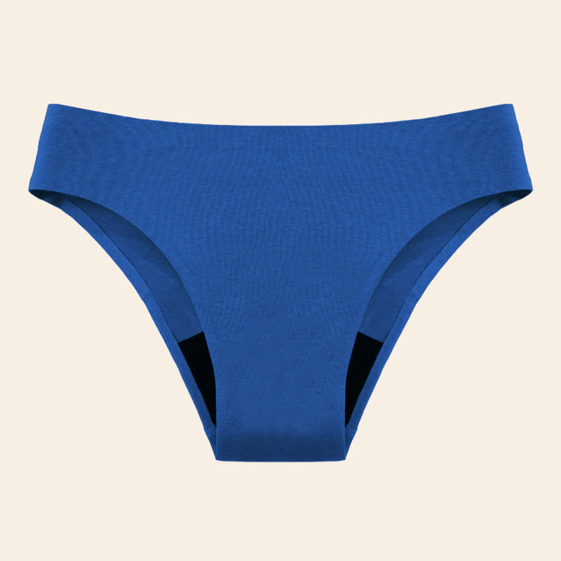 Vue produit à plat du bas de Maillot de bain menstruel sans couture, couleur bleue