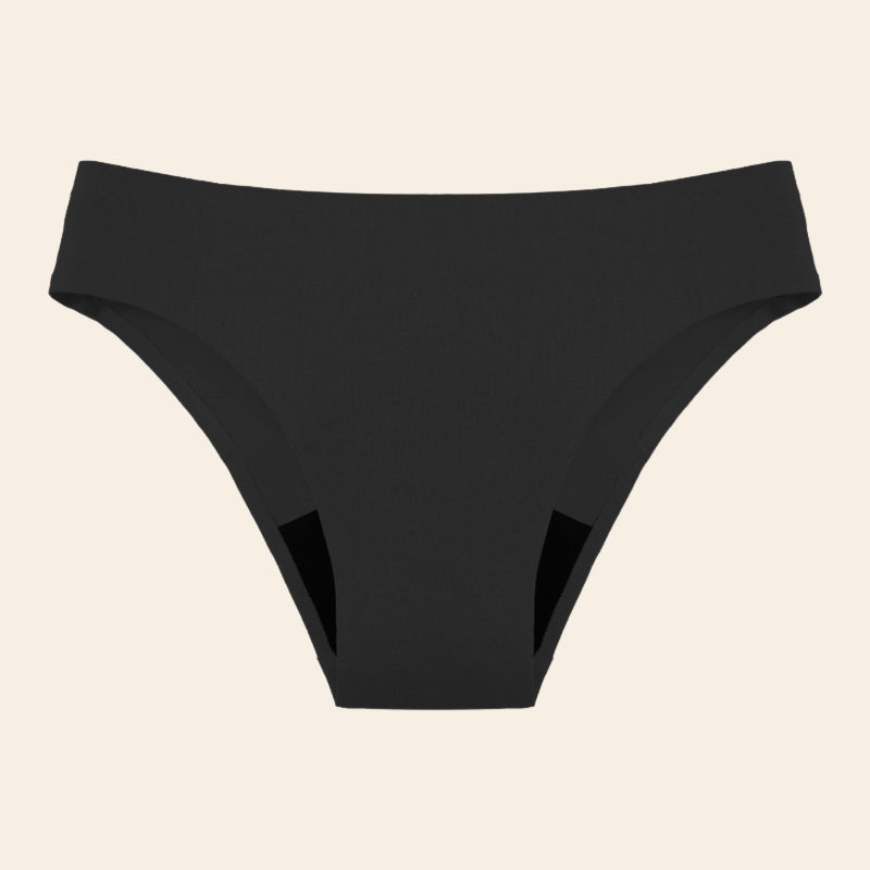 Vue produit à plat du bas de Maillot de bain menstruel sans couture, couleur noire