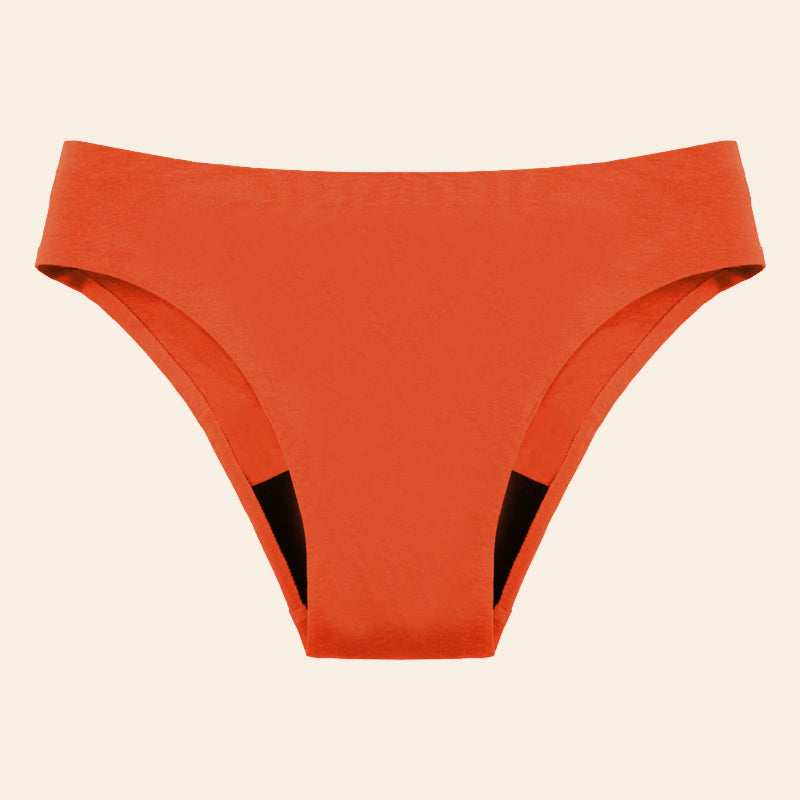 Vue produit à plat du bas de Maillot de bain menstruel sans couture, couleur orange