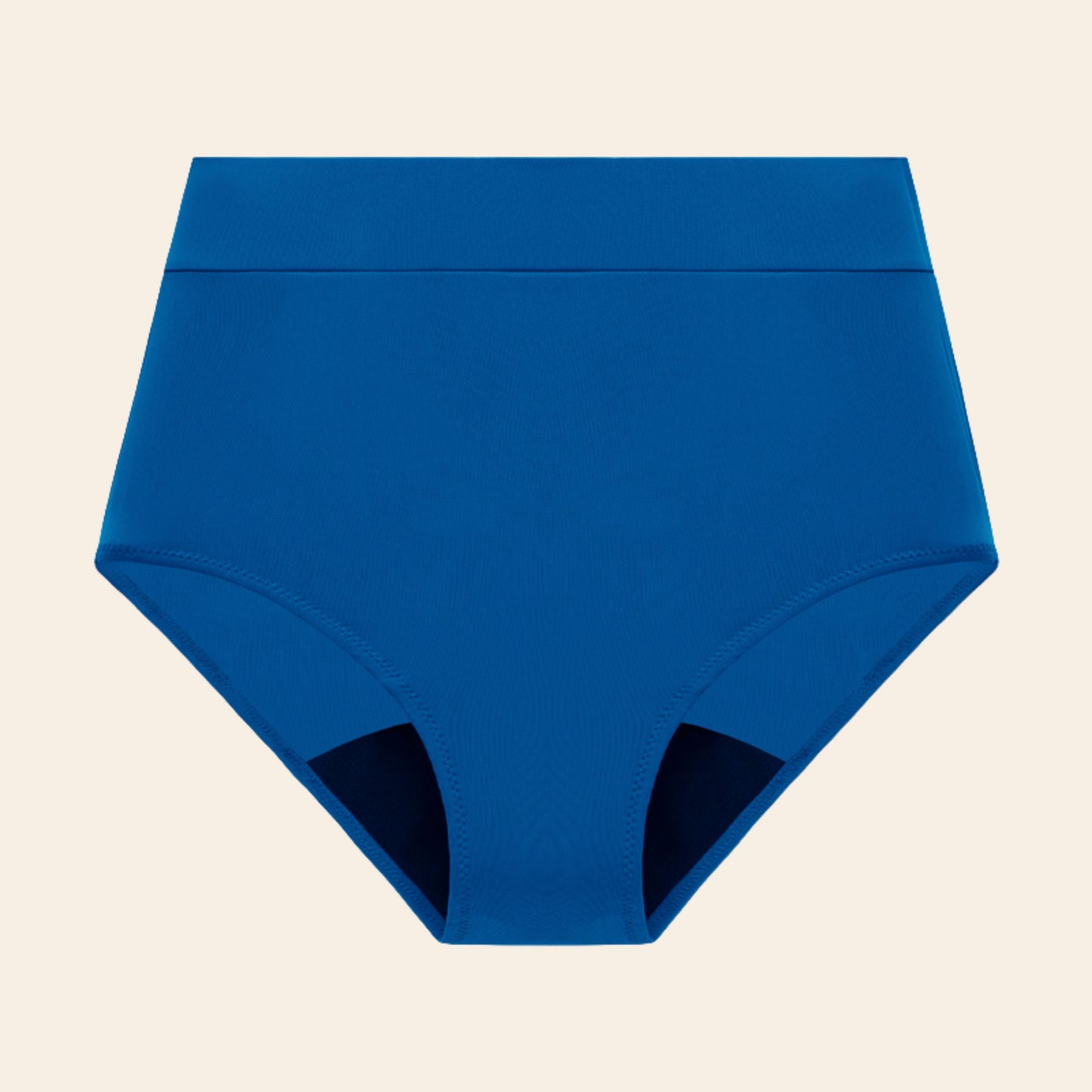 Vue produit à plat du bas de maillot de bain menstruel taille haute, couleur bleue
