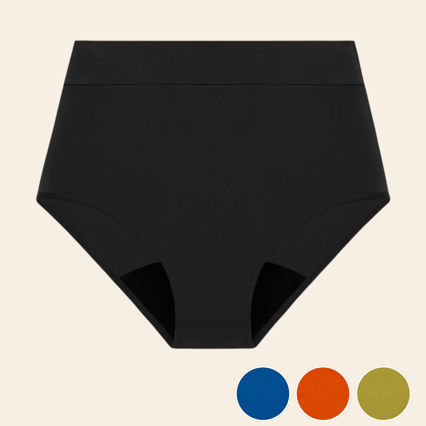 Vue produit à plat du bas de maillot de bain menstruel taille haute, couleur noire