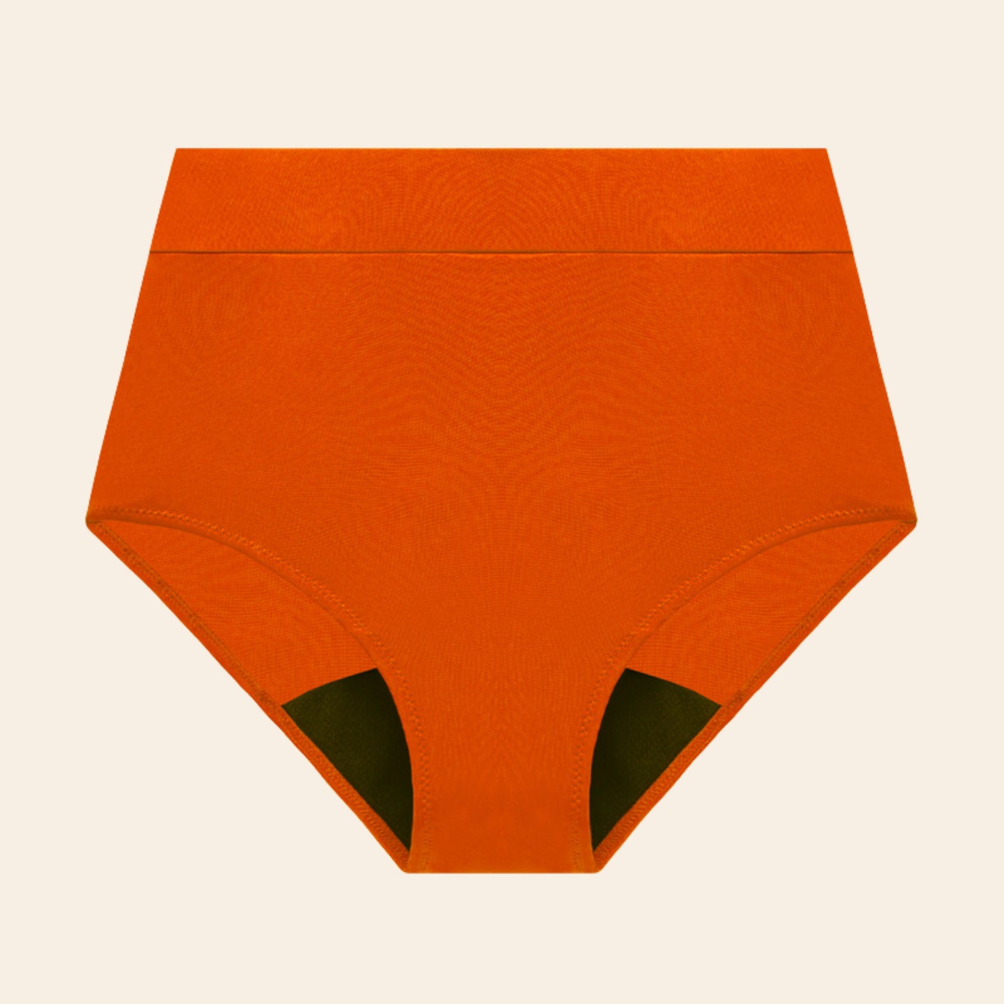 Vue produit à plat du bas de maillot de bain menstruel taille haute, couleur orange